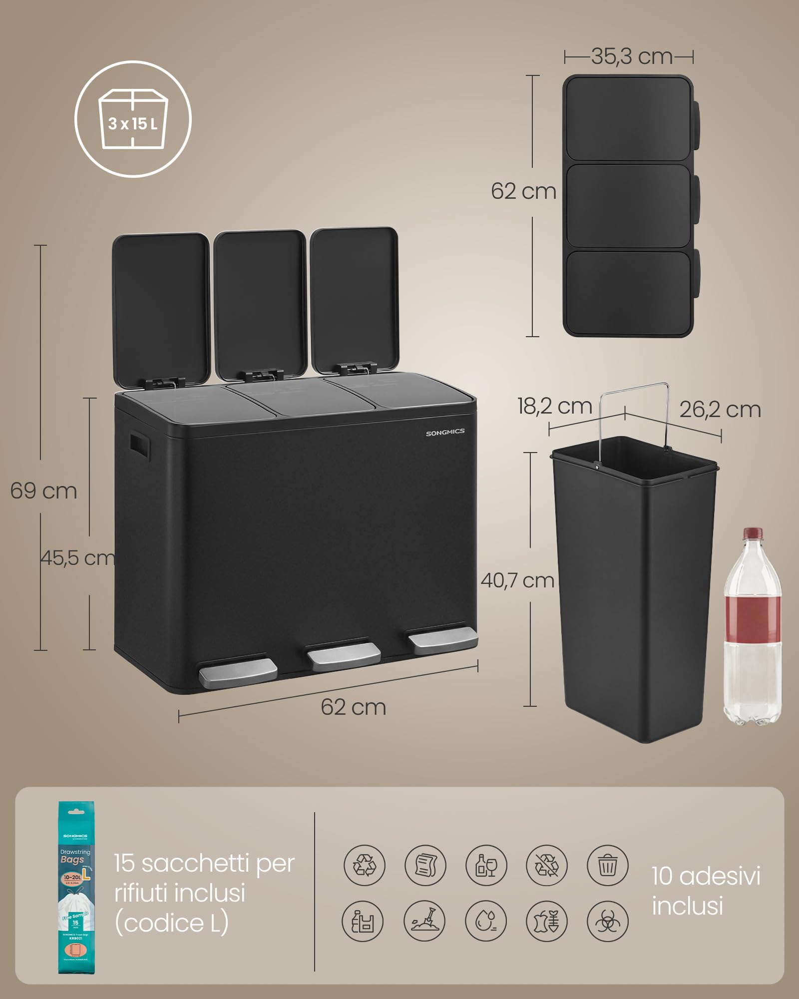 Songmics LTB145BZ02 pattumiera 3x15L nera acciaio silenziosa