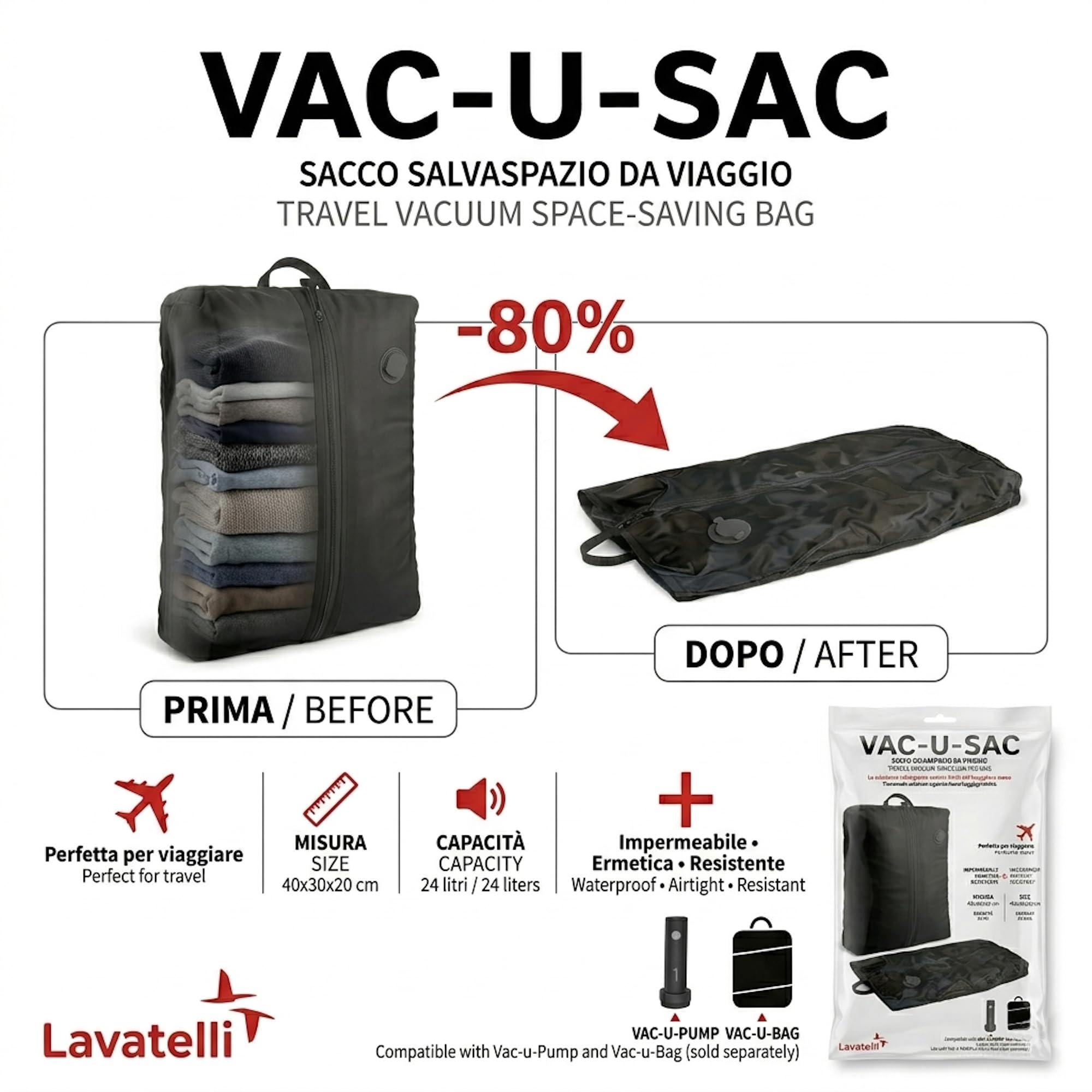 Lavatelli Vac-U sacco sottovuoto 40x30x20 nero 24L + pompa