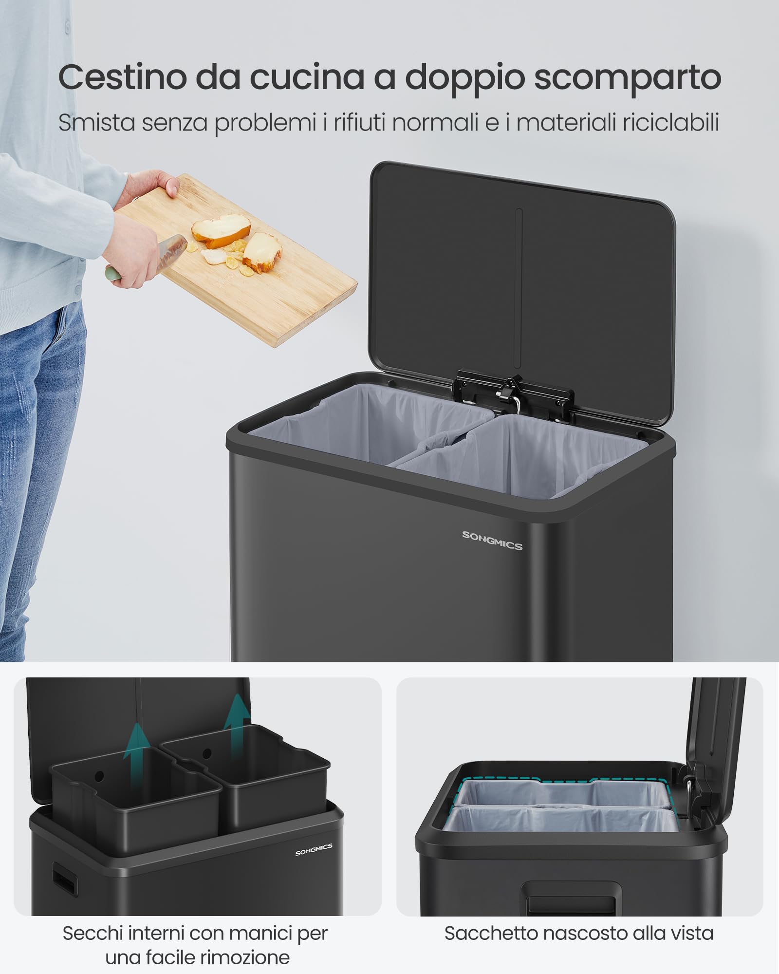 Songmics LTB556B02 pattumiera doppia 2x30 L nero inchiostro acciaio