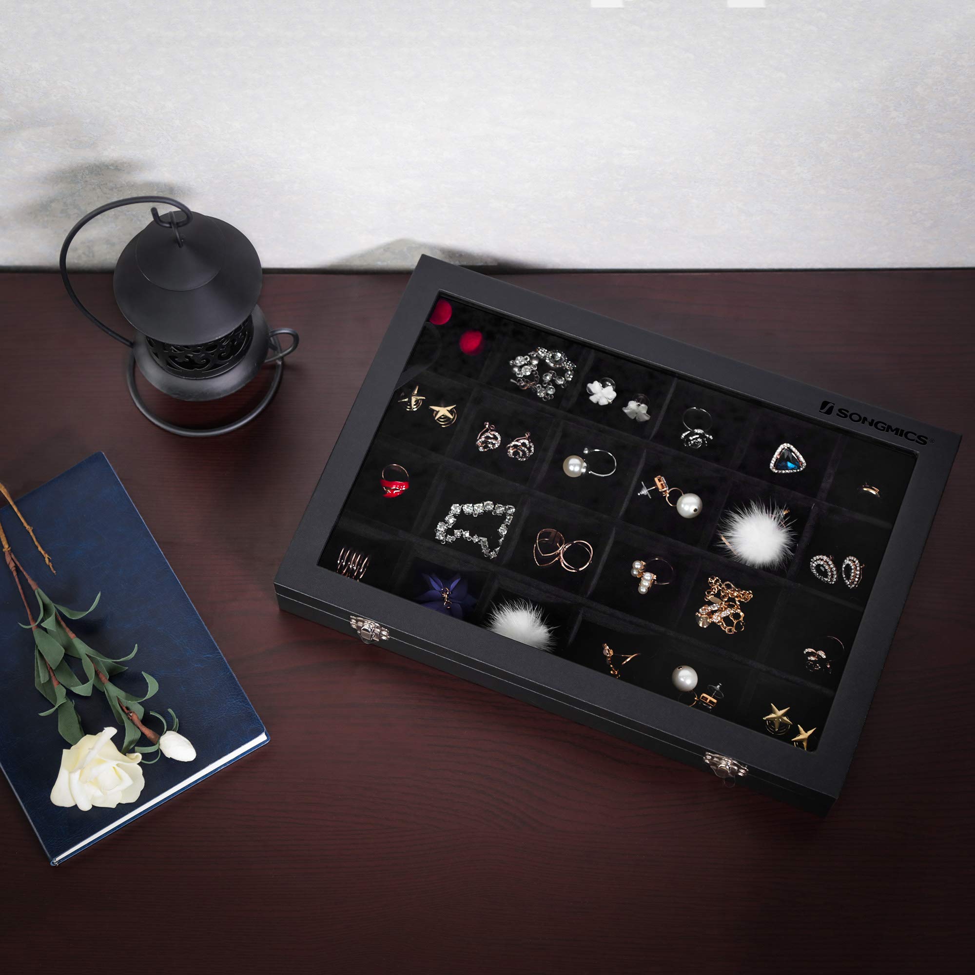 Songmics JDS303 Portagioie Nero 24 Scomparti con Vetro