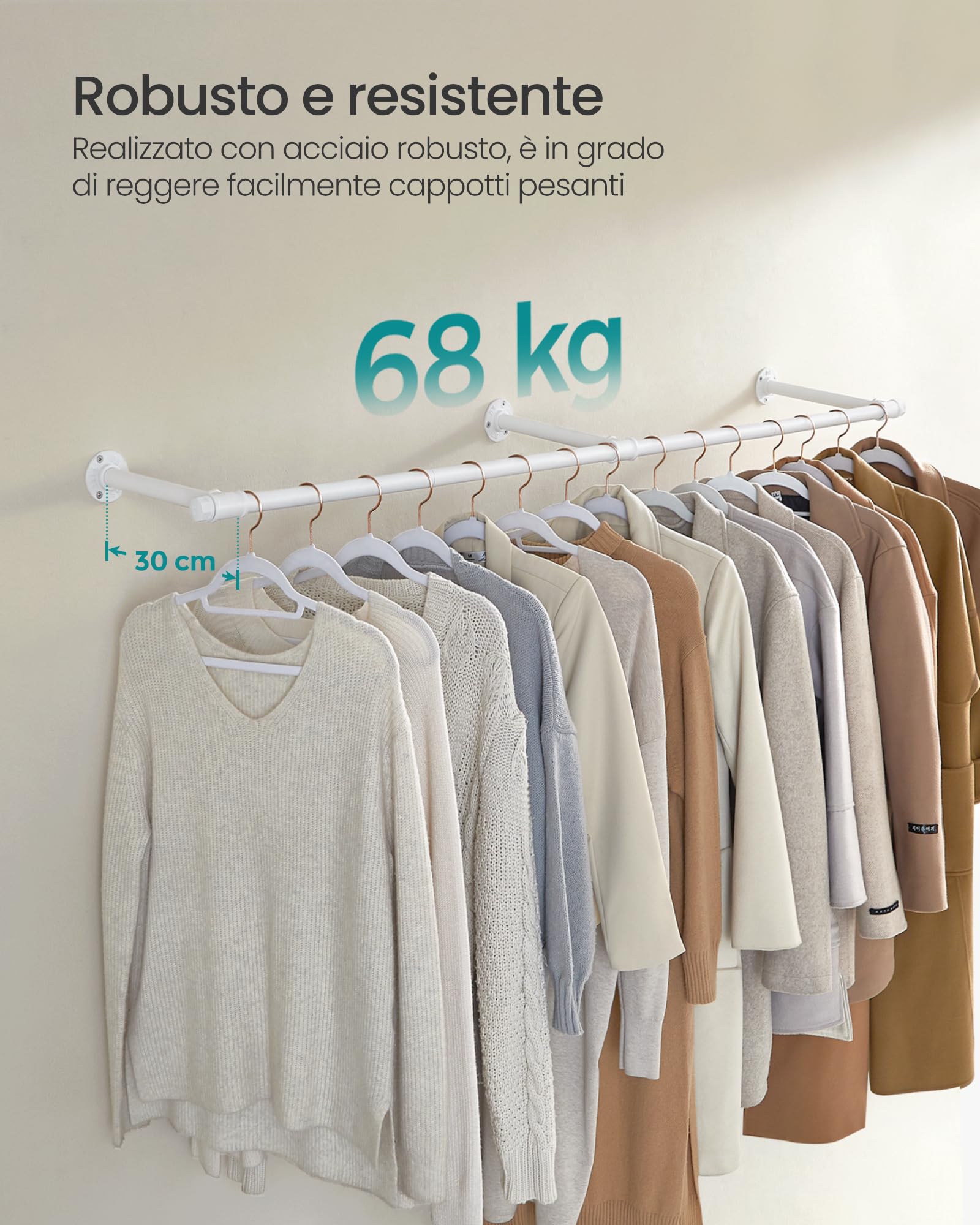 Songmics HSR104W01 attaccapanni muro 170 cm bianco 68 kg