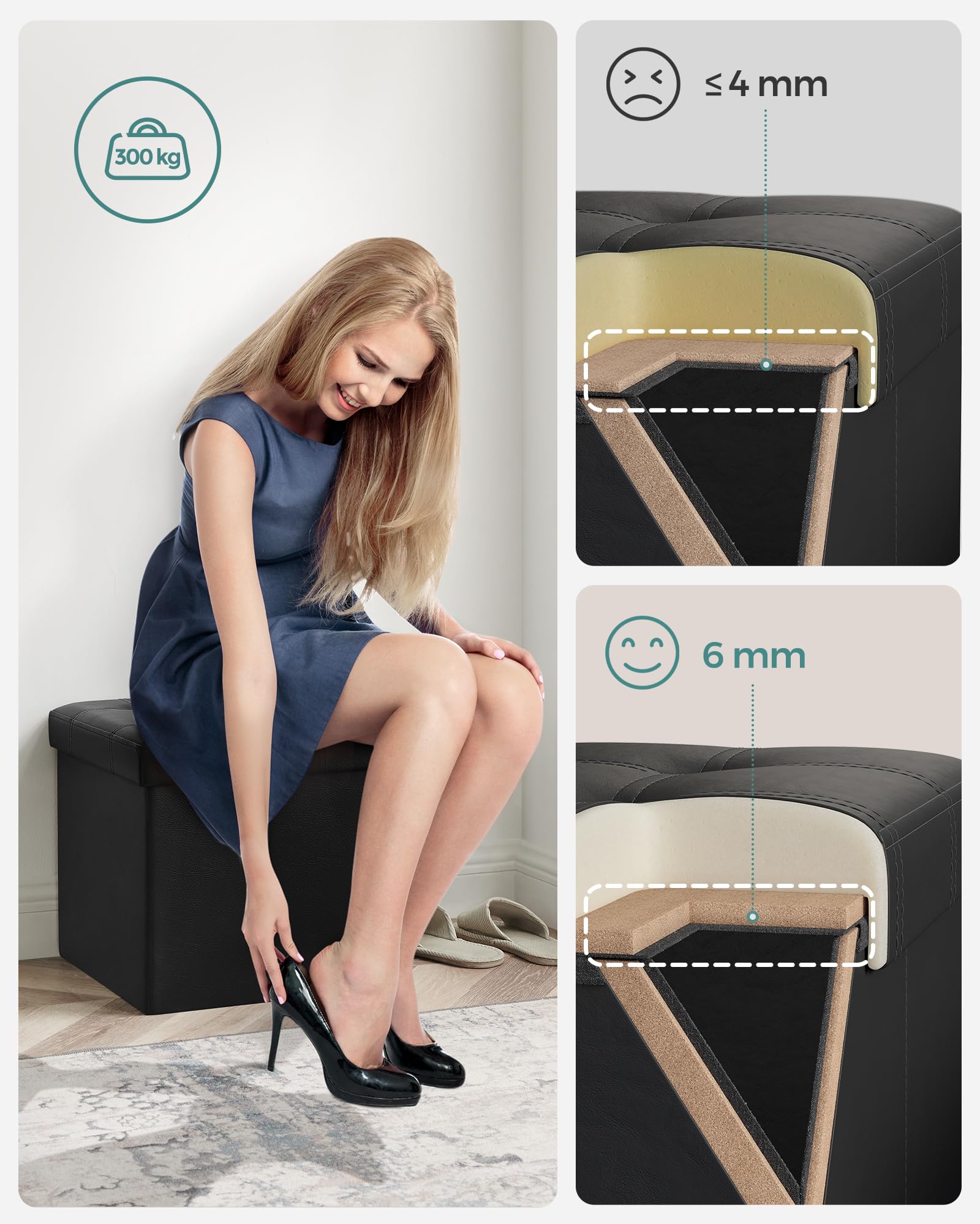 Songmics LSF30B Pouf Contenitore 38 cm Nero Pieghevole