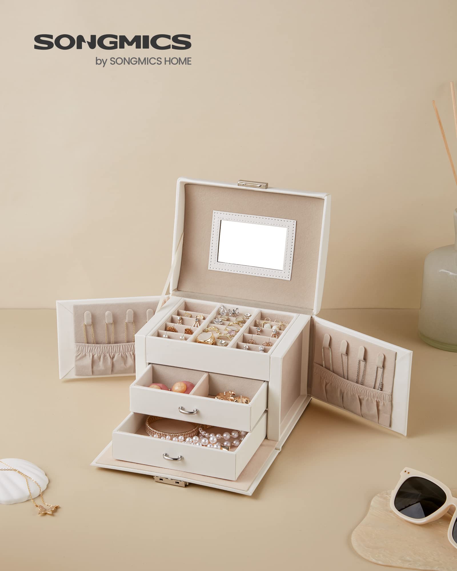 Songmics JBC154W01 scatola portagioie 3 livelli bianco con specchio