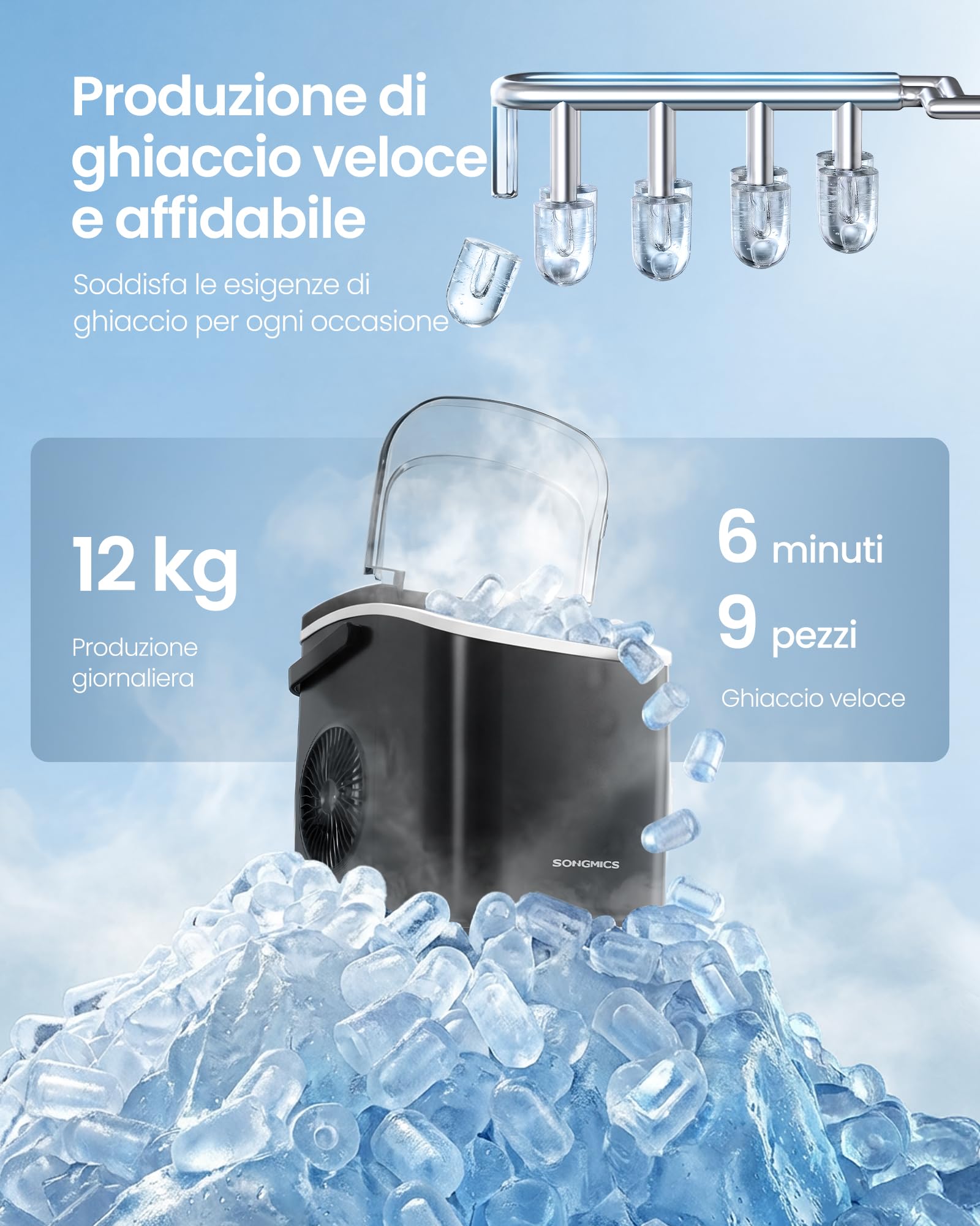 Songmics XZB001B1EU macchina ghiaccio nero 12 kg autopulente