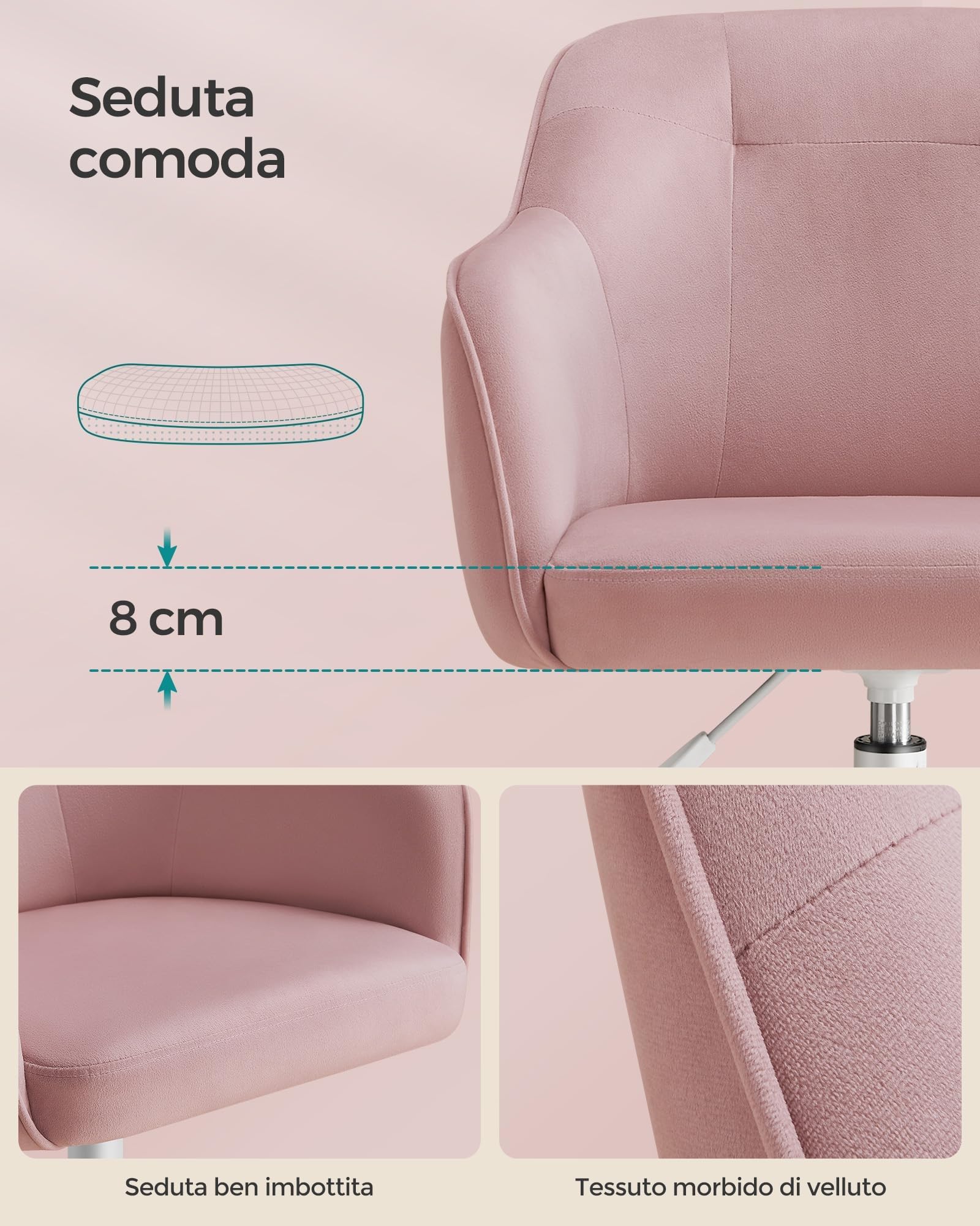 Songmics OBG019P02 sedia velluto rosa gelatina girevole