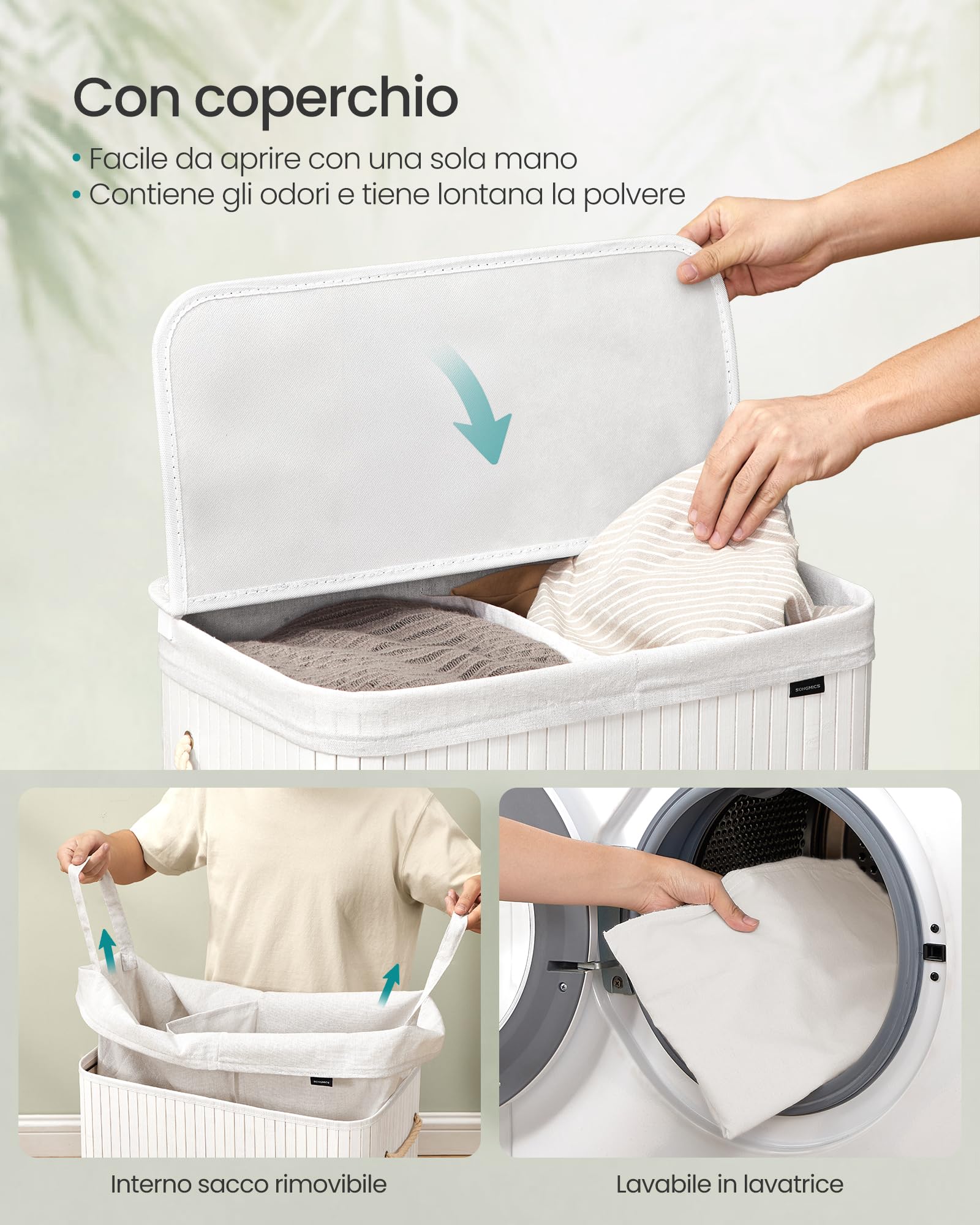 Songmics LCB64WT cesto portabiancheria bambù 100 L bianco