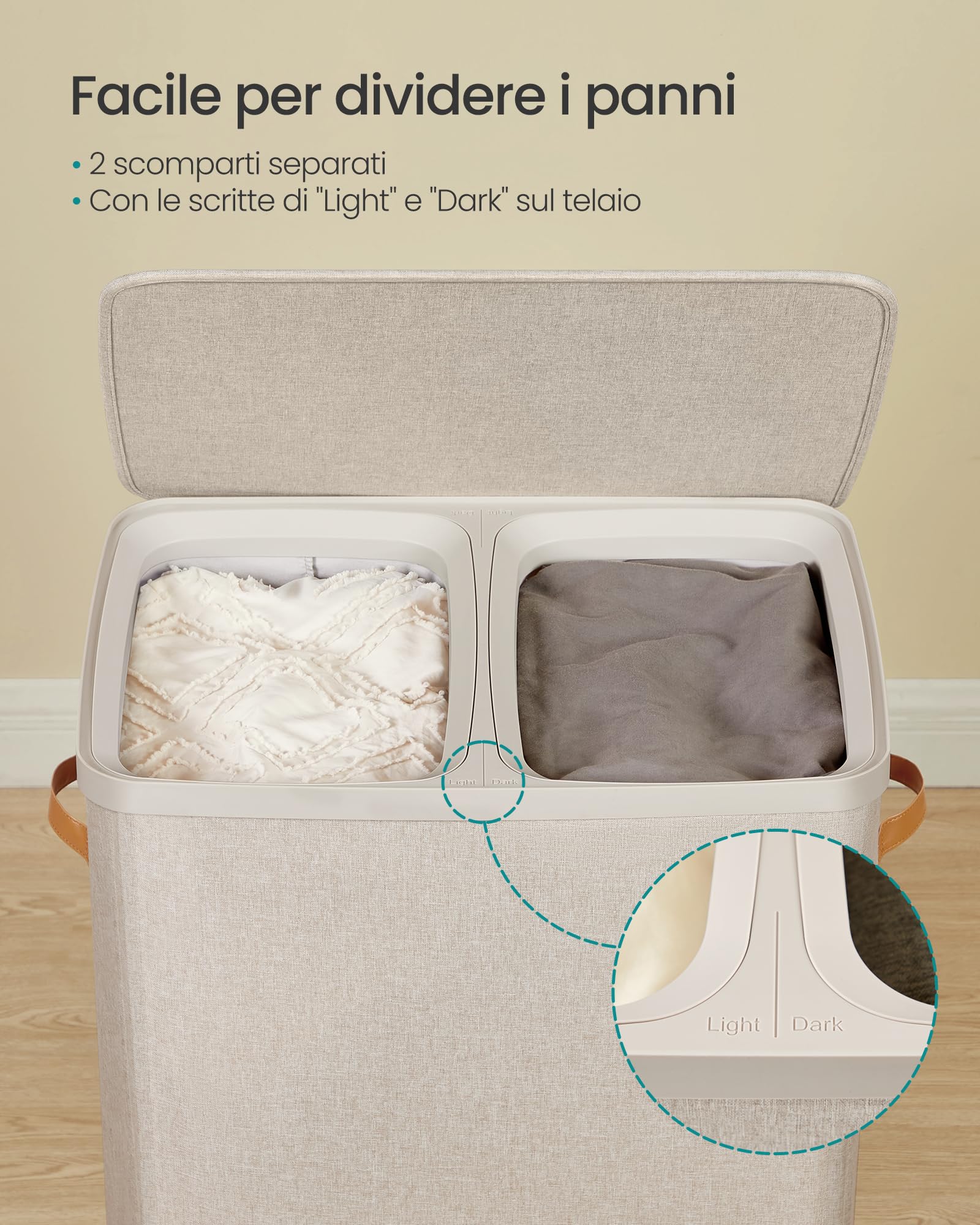 Songmics LCB813L01 cesto portabiancheria 170L beige 2 scomparti