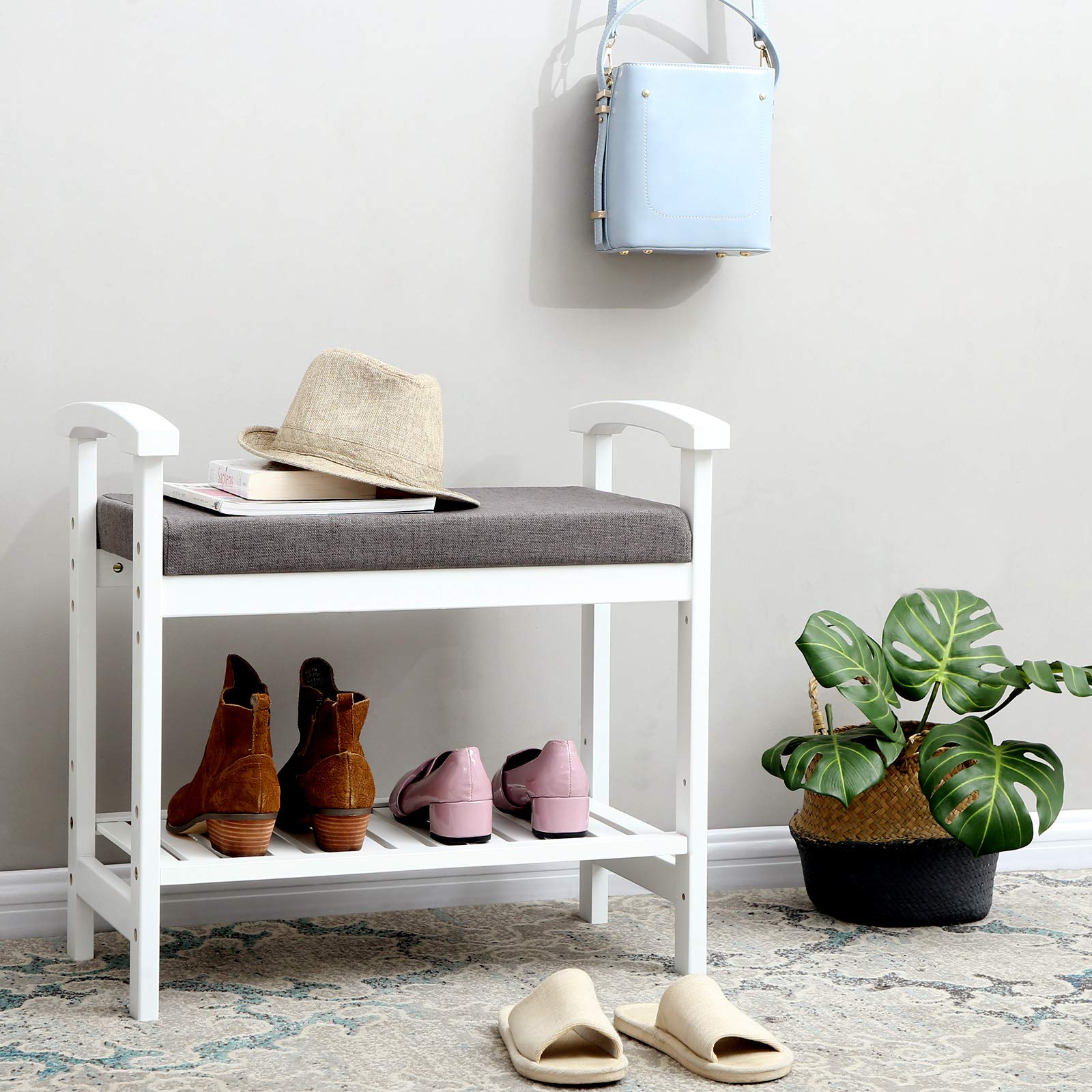 Songmics LBS66WN Scarpiera Panca Bambù Bianca Imbottita