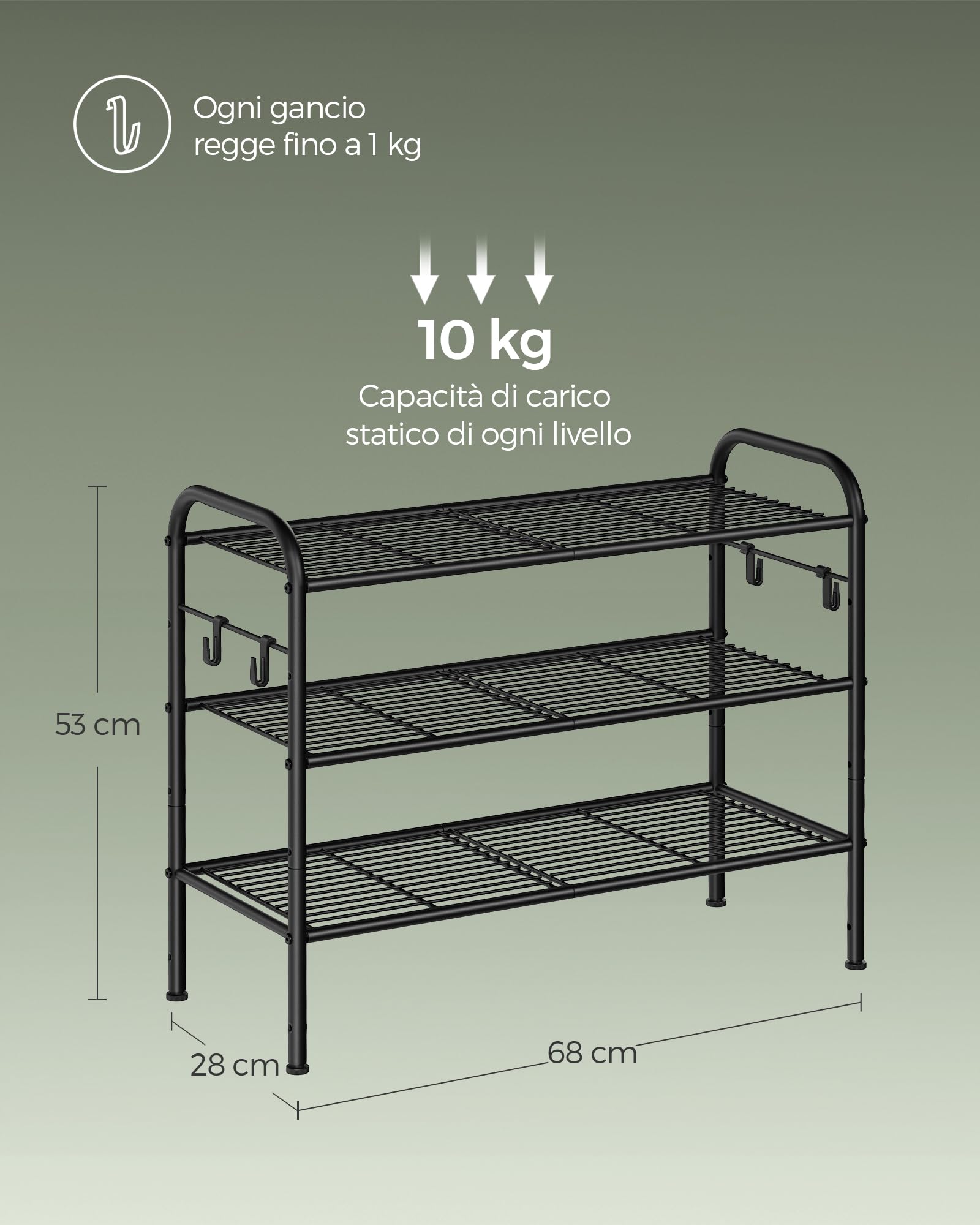 Songmics scarpiera metallo nera 3 ripiani 68 cm
