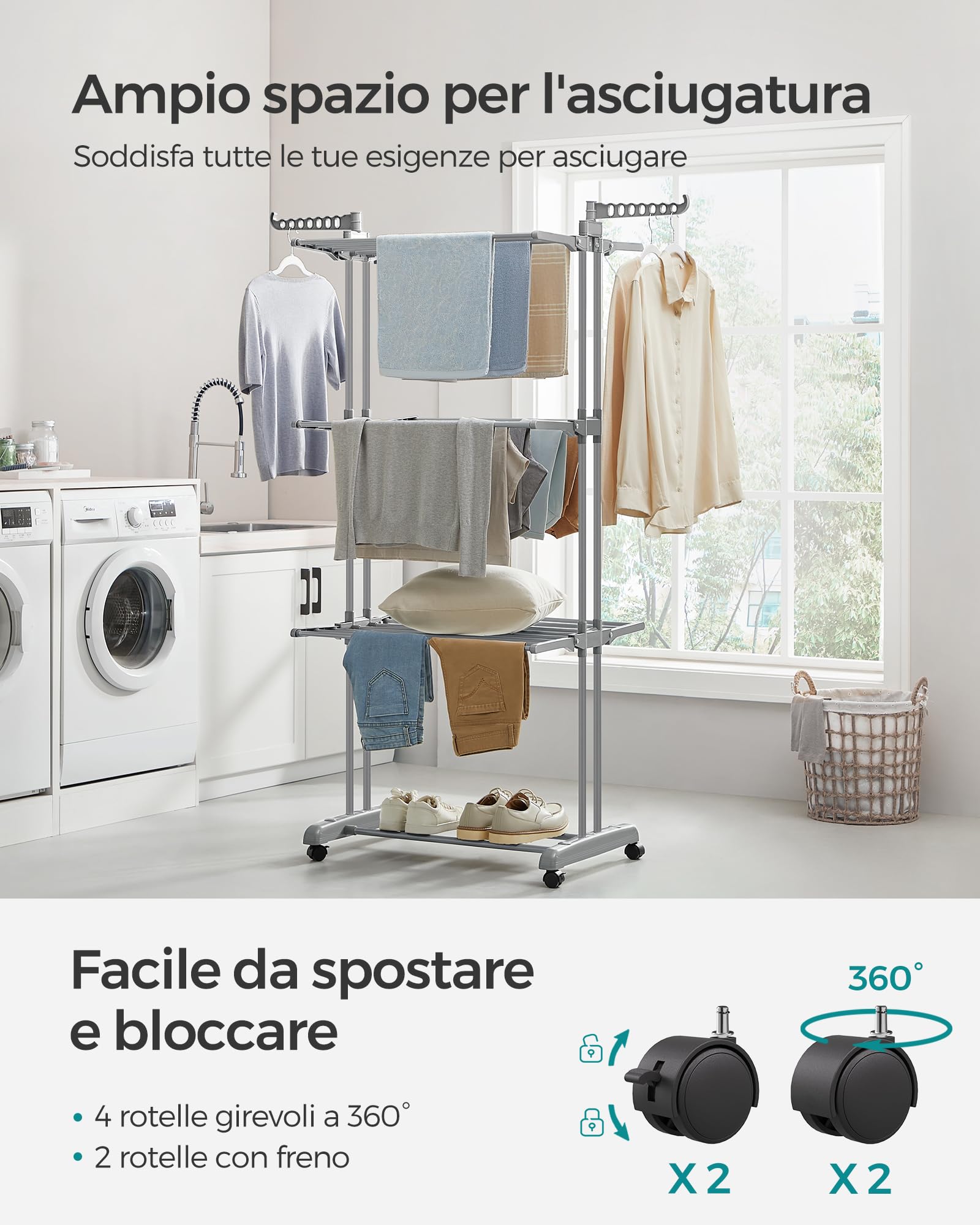 Songmics LLR701G01 stendibiancheria 4 livelli grigio con ruote