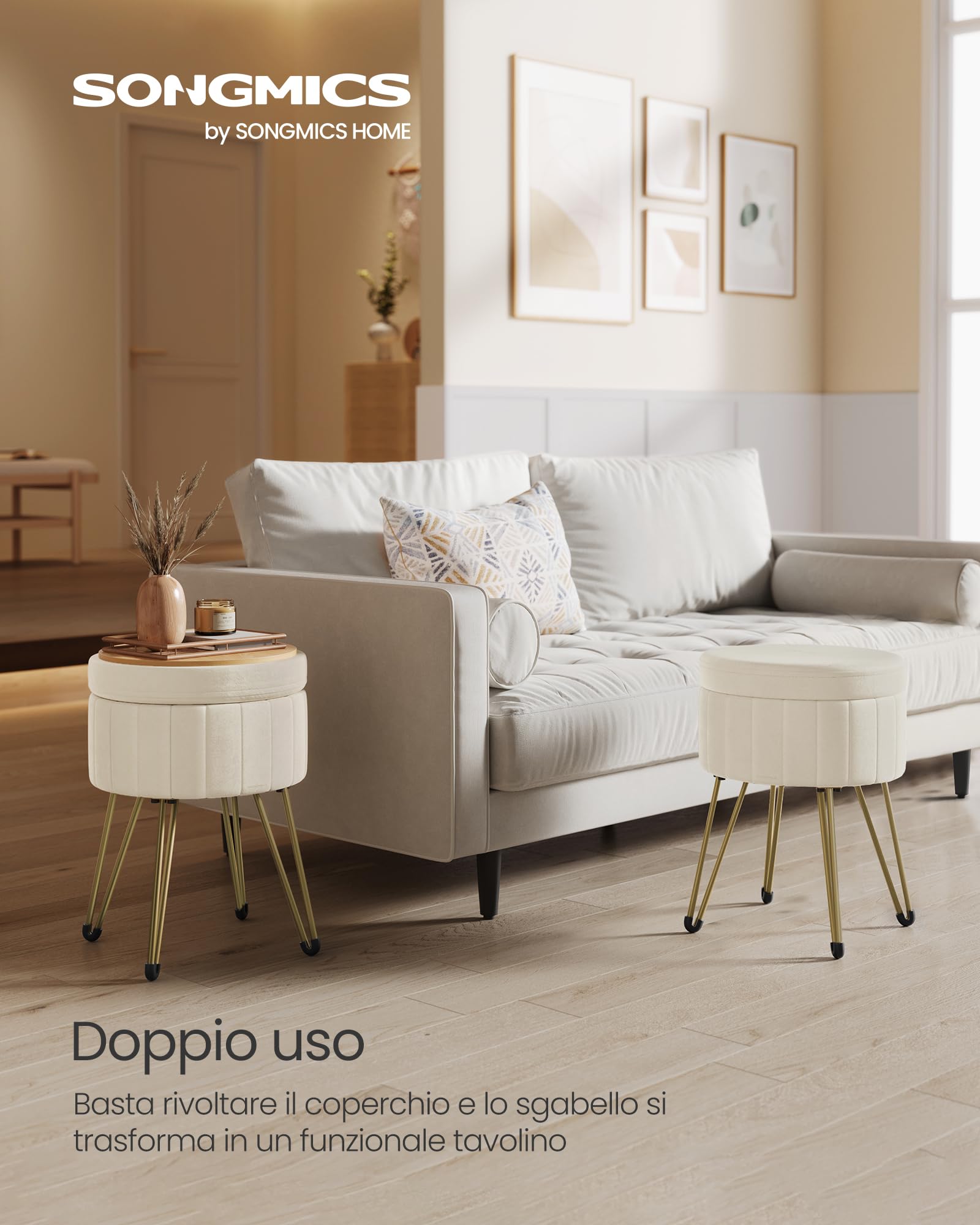 Songmics LOM003W01 sgabello contenitore Bianco Crema in velluto