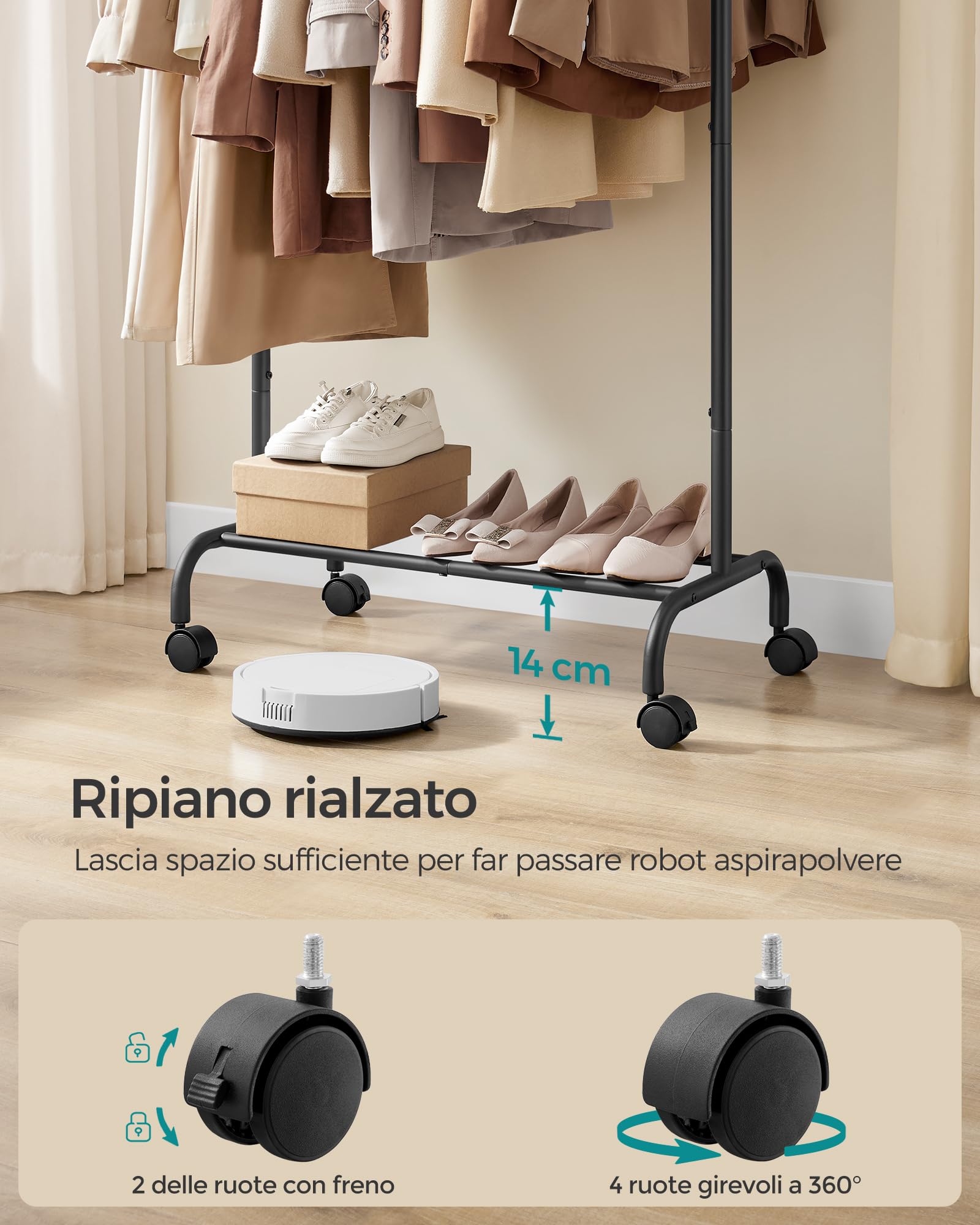 Songmics Stand Appendiabiti Estensibile con Ruote Nero Inchiostro Salvaspazio