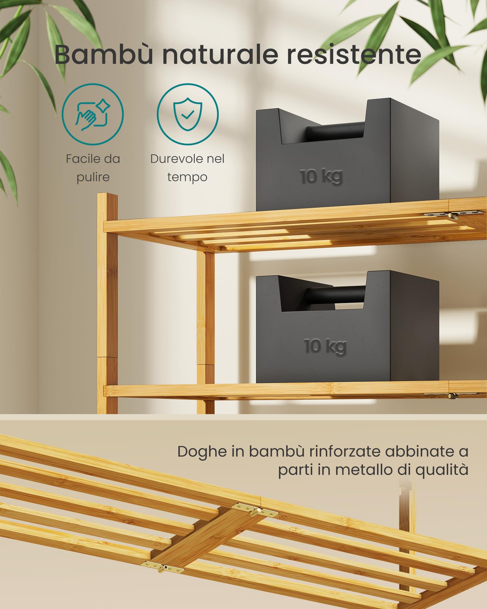 Songmics LBS052YL01 scarpiera bambù naturale 2 ripiani 70 cm