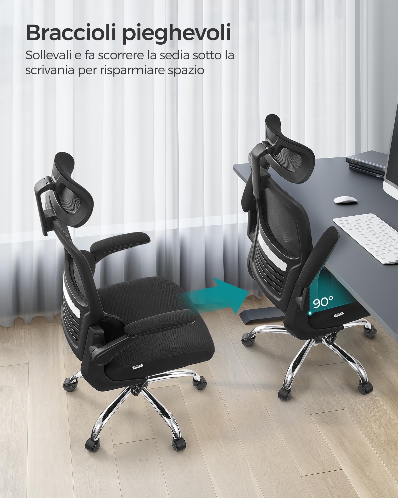 Songmics OBN040B01 Sedia Ufficio Rete Nera Ergonomica