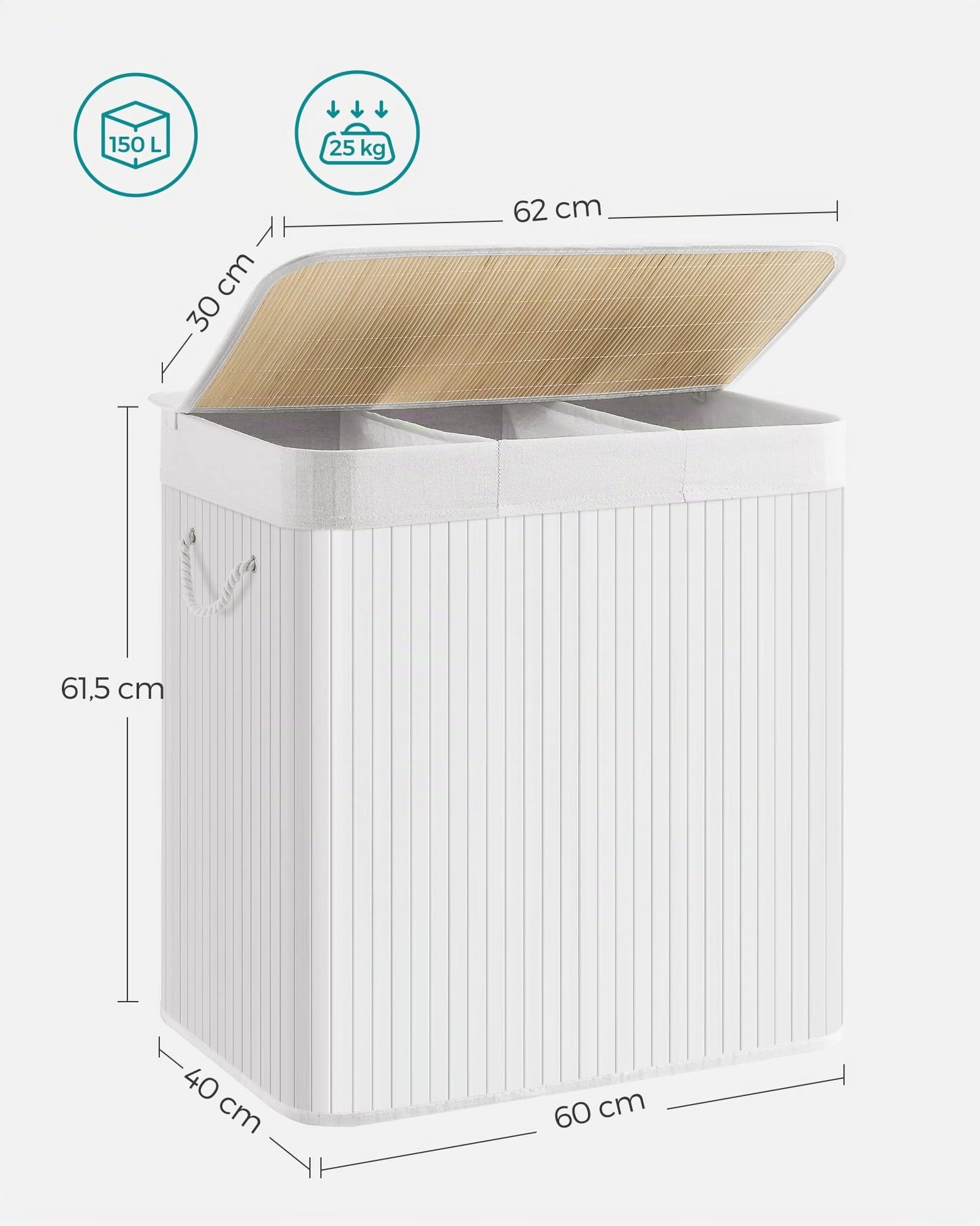 Songmics LCB091W01 cesto portabiancheria bambù bianco 150 L