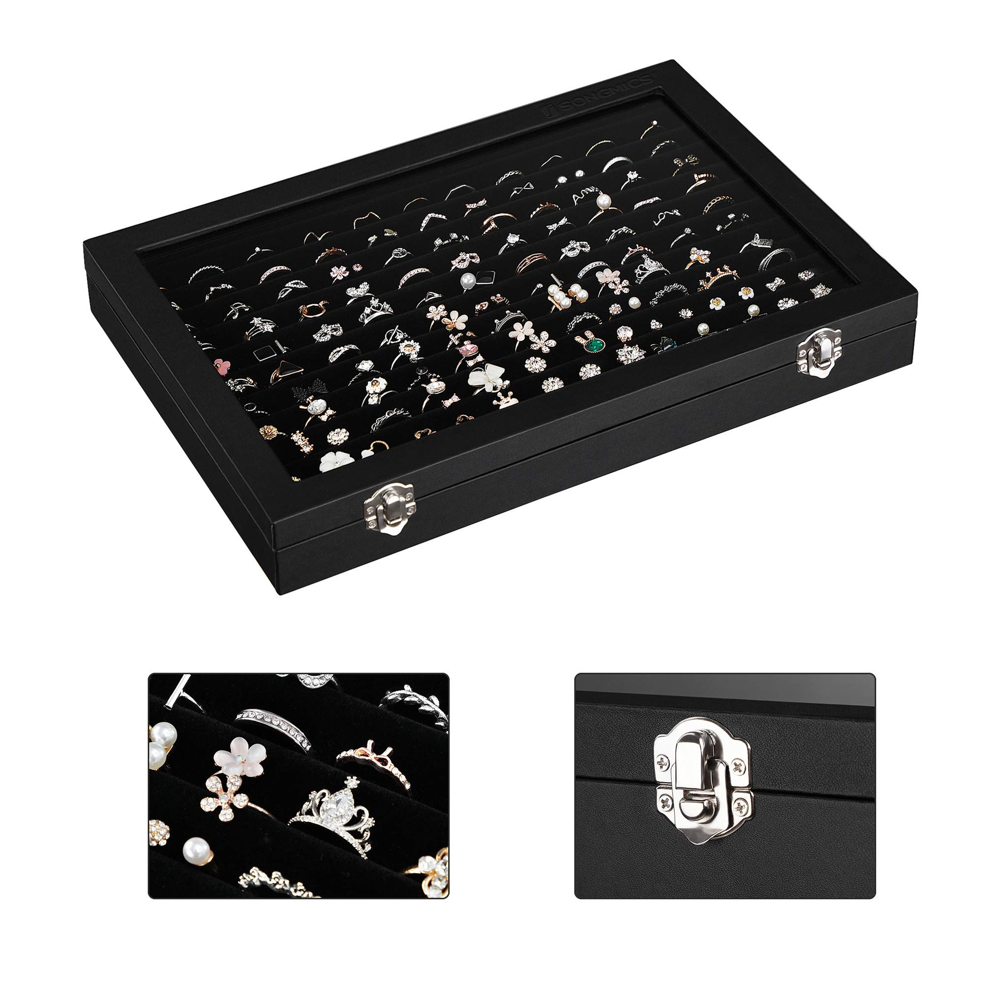 Songmics JDS301 Portagioie Nero 100 Anelli con Vetro