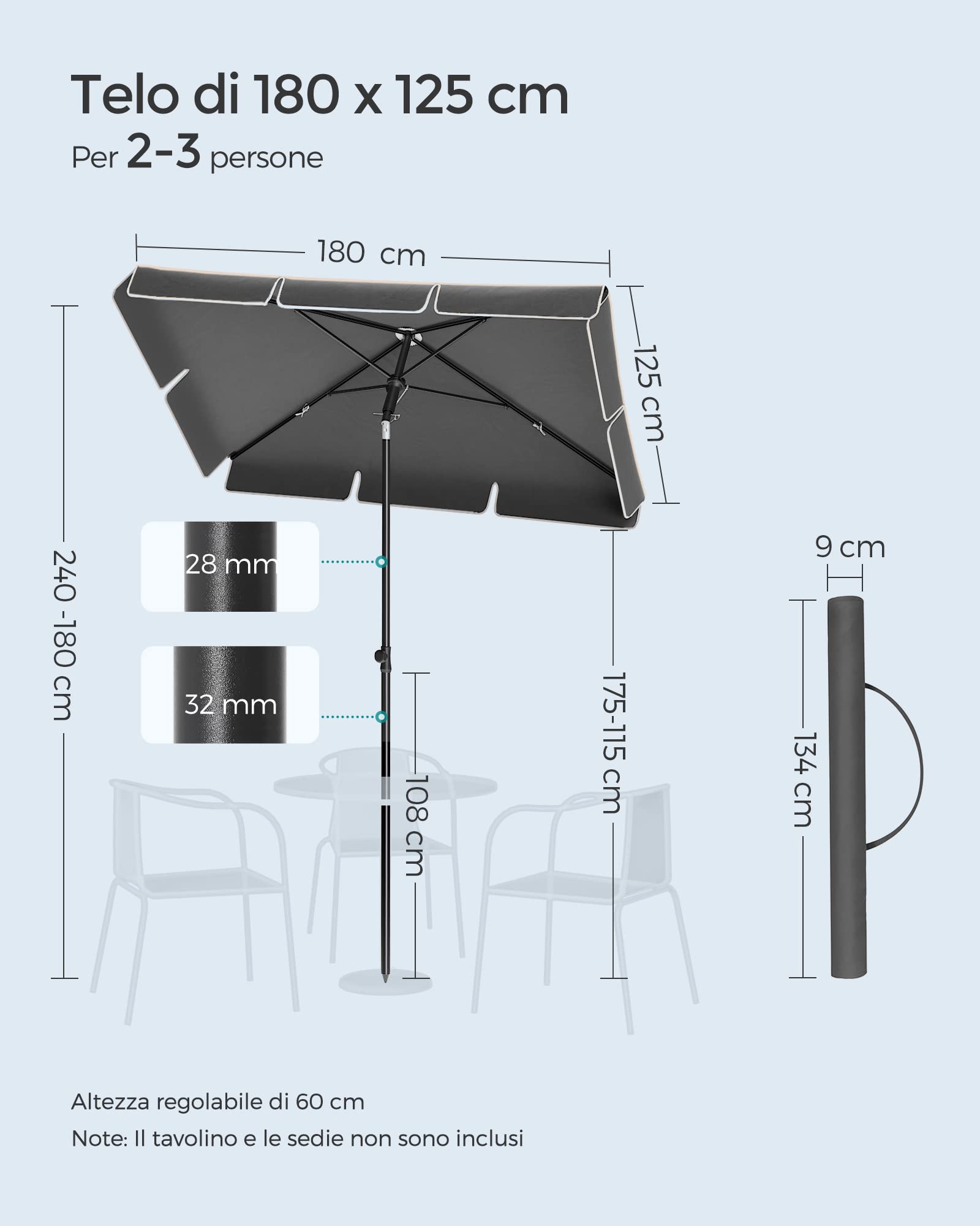 Songmics GPU180G01 ombrellone 180x125 cm grigio UPF50+