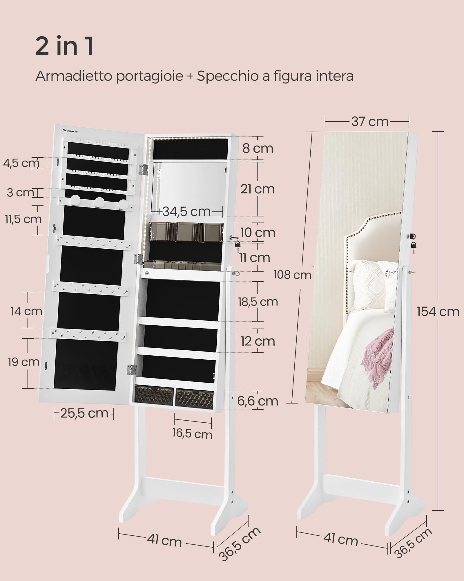 Songmics JJC023W01 specchio portagioie da terra LED bianco