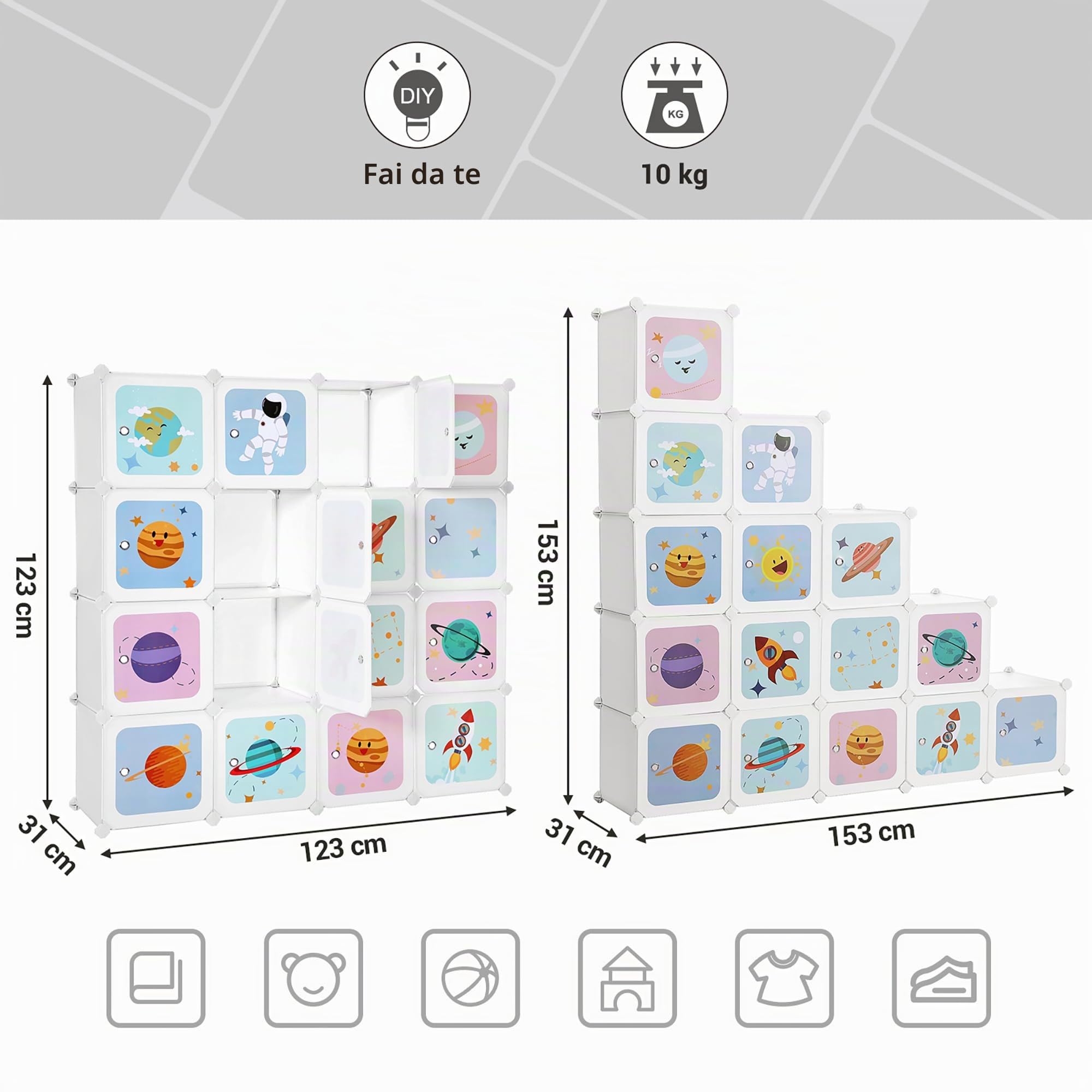 Songmics LPC902W Scaffale 15 Cubi 153cm Bianco Bambini