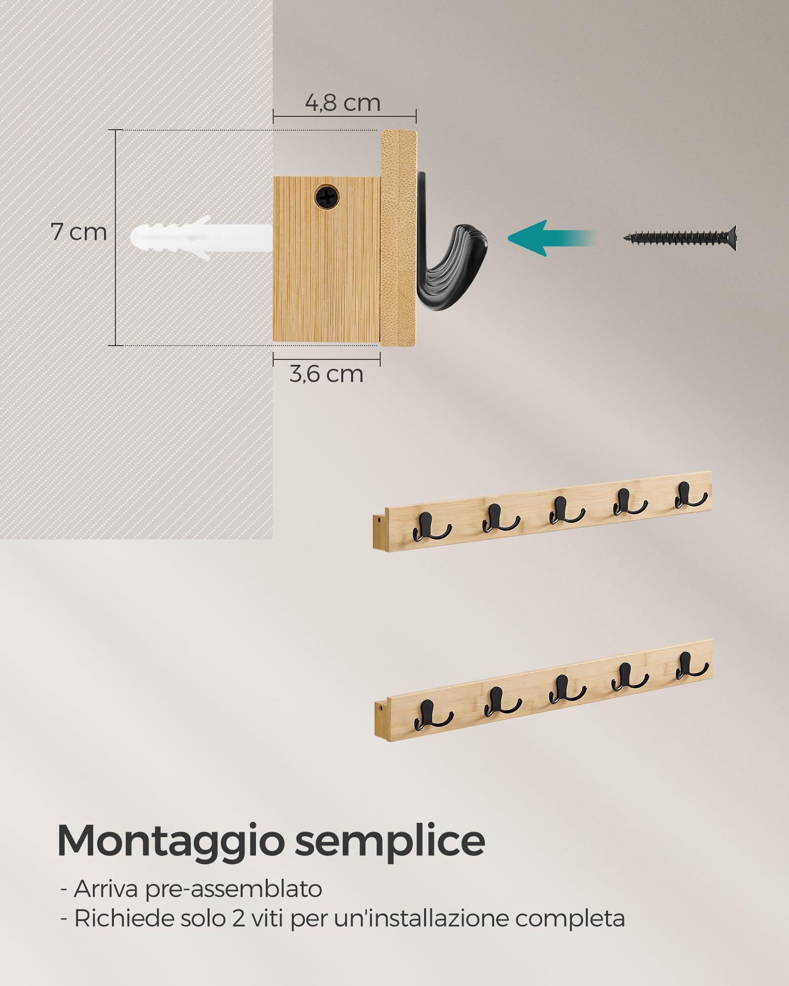 Songmics LCR052N01 Appendiabiti Parete Set 2 Pezzi Beige 25 kg