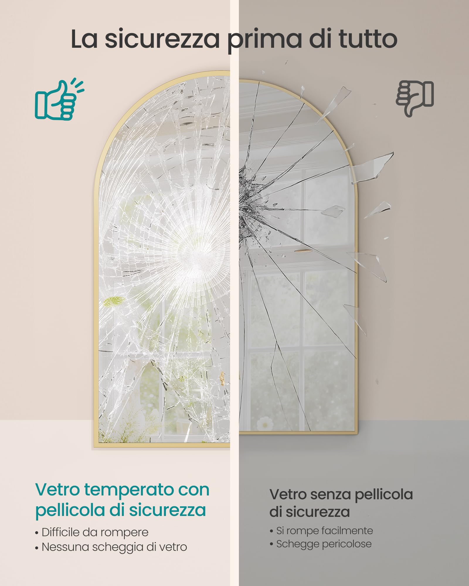Songmics LWM011AB01 specchio parete arco 91x61 cm oro pallido