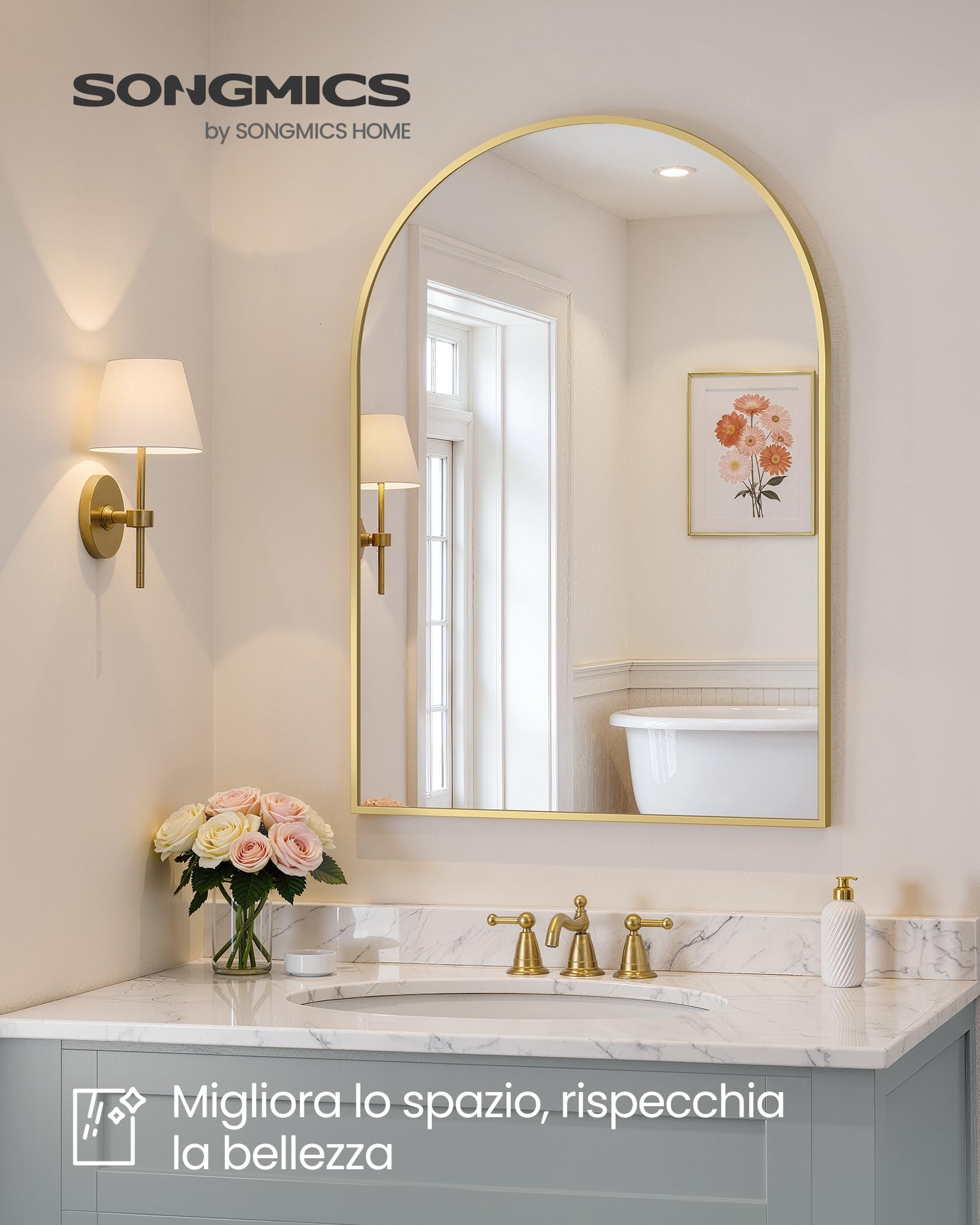 Songmics LWM011AB01 specchio parete arco 91x61 cm oro pallido