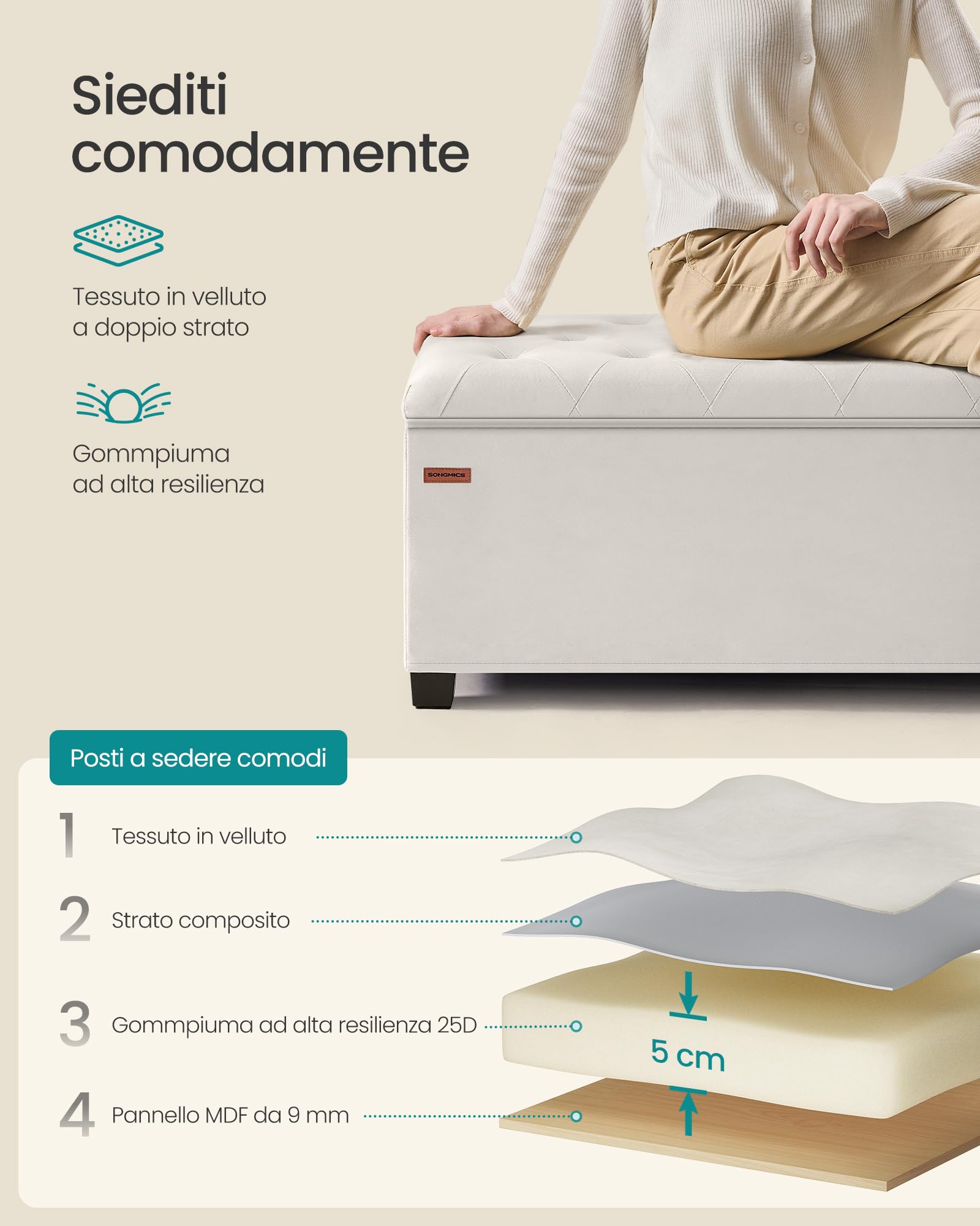 Songmics LSF089W01 cassapanca pouf bianco crema 110 cm velluto