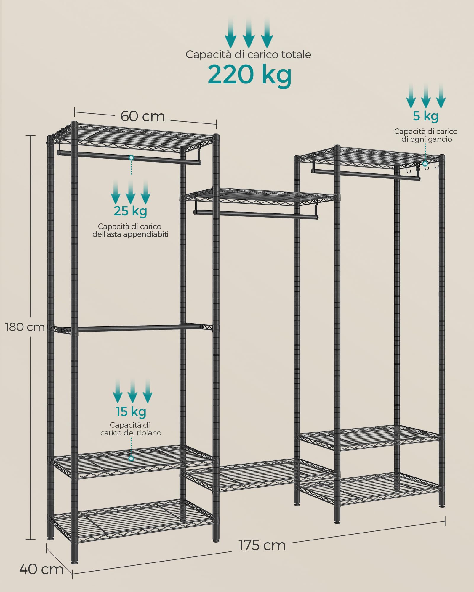 Songmics LGR431B01 guardaroba metallo nero 220kg divisibile