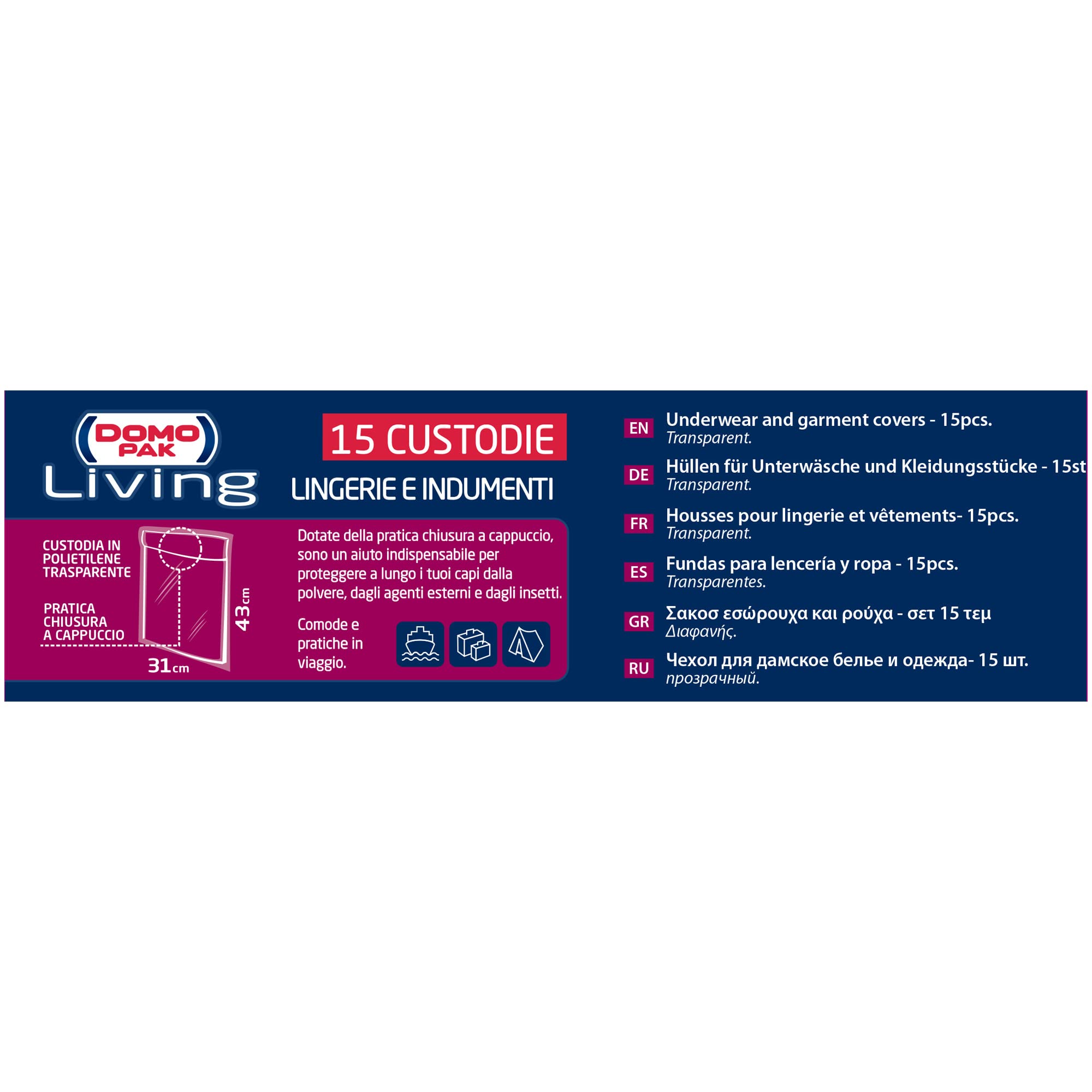 Domopak Living sacchetti antipolvere 31x43 cm 15 pezzi trasparente