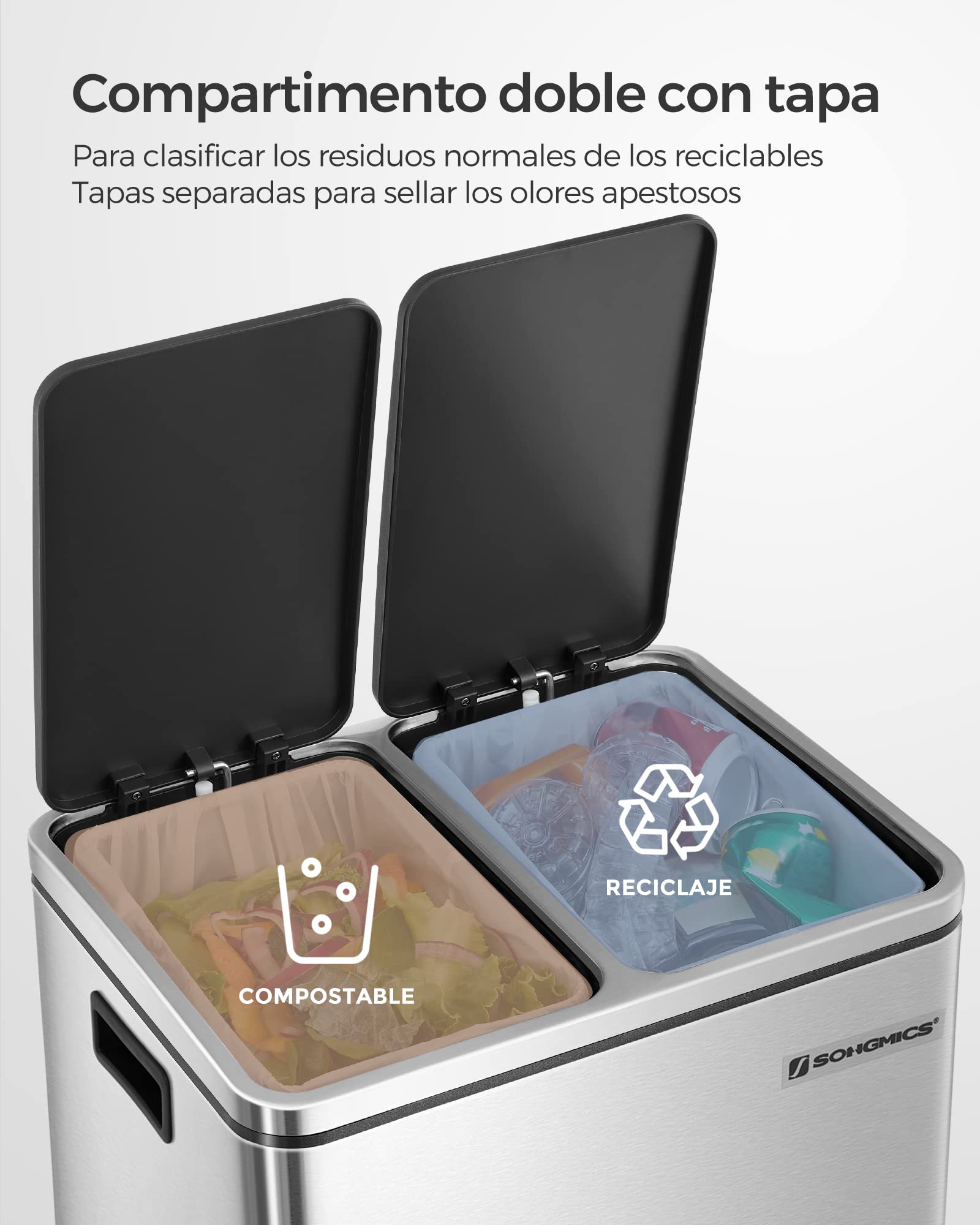 Songmics LTB30H pattumiera doppia 2x15L argento-nero pedale