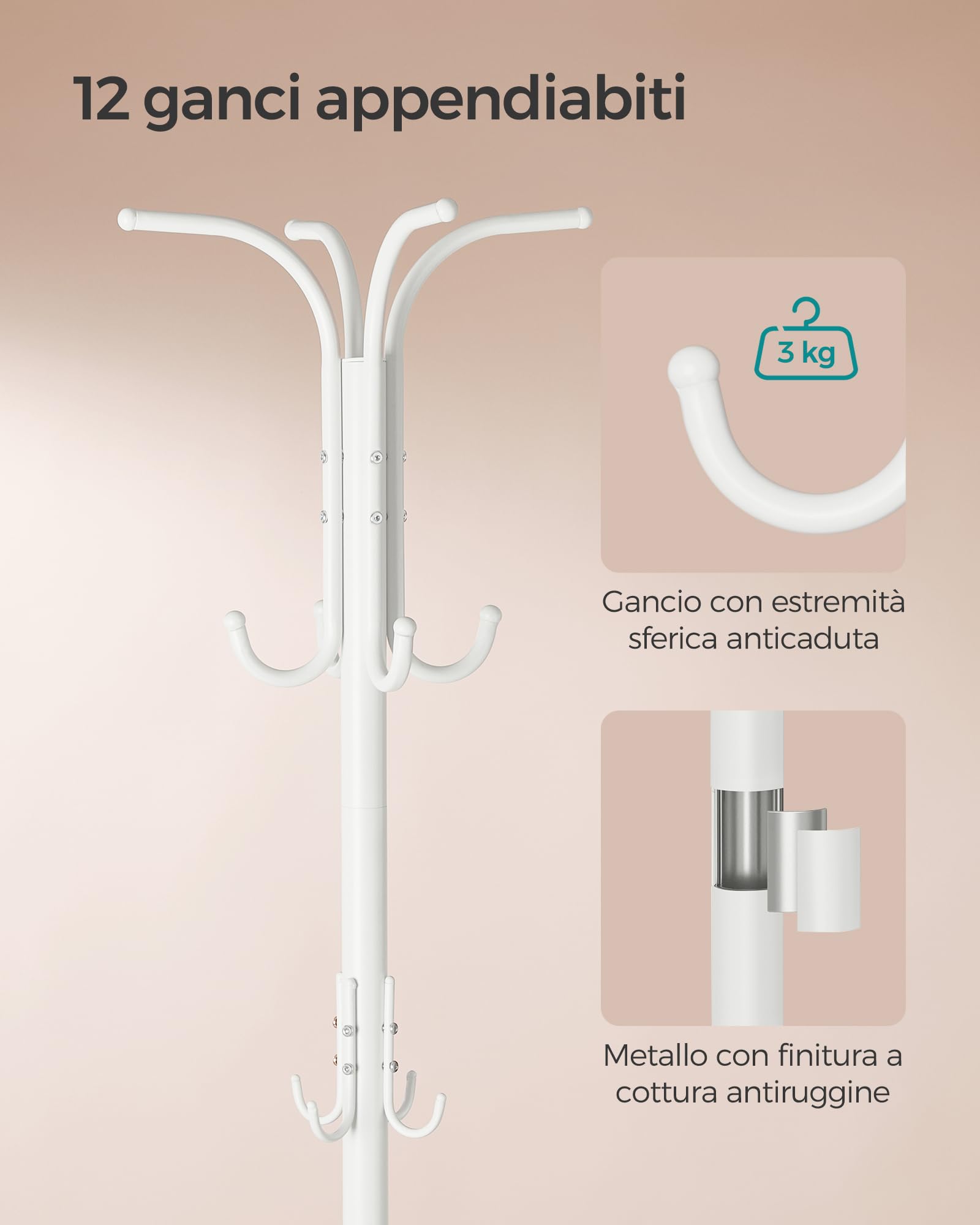 Songmics RCR011W01 Appendiabiti da Terra Bianco Perla 12 Ganci 175 cm