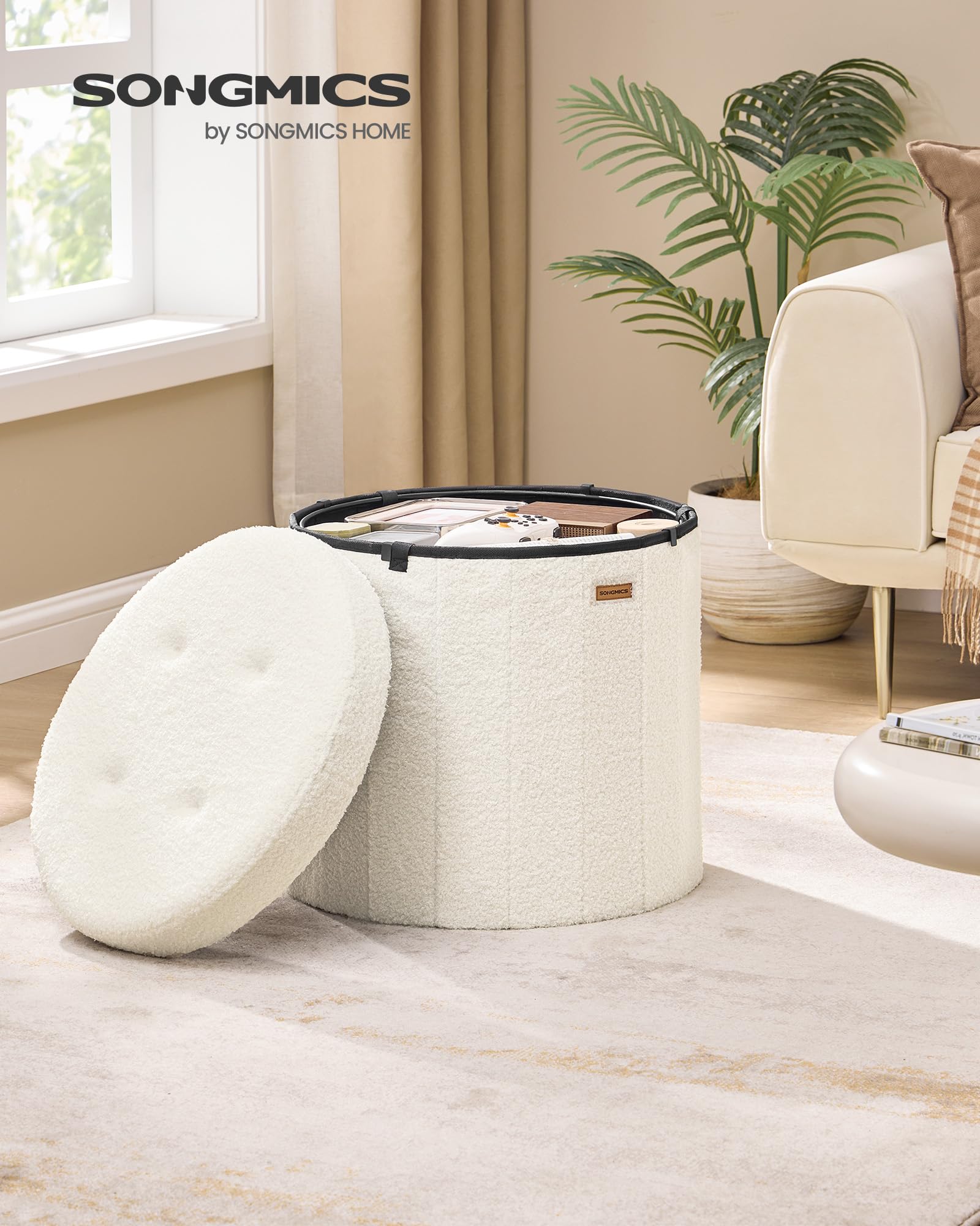 Songmics Mazie LSF606W01 pouf contenitore rotondo bianco crema