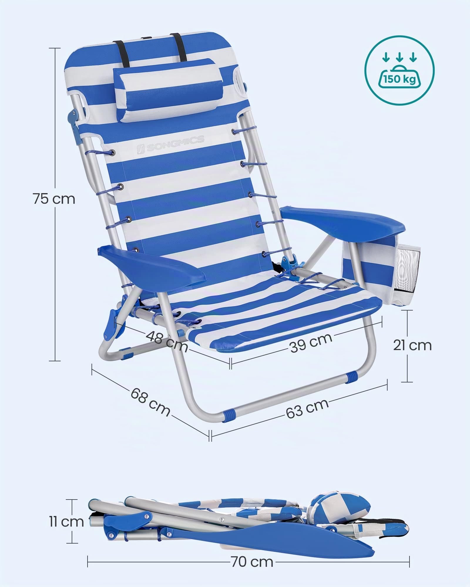 Songmics GCB62BU sedia spiaggia blu-bianco reclinabile