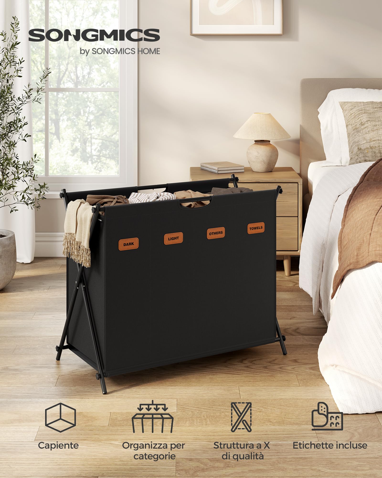 Songmics LCB140B01 cesto portabiancheria 155L nero 4 scomparti