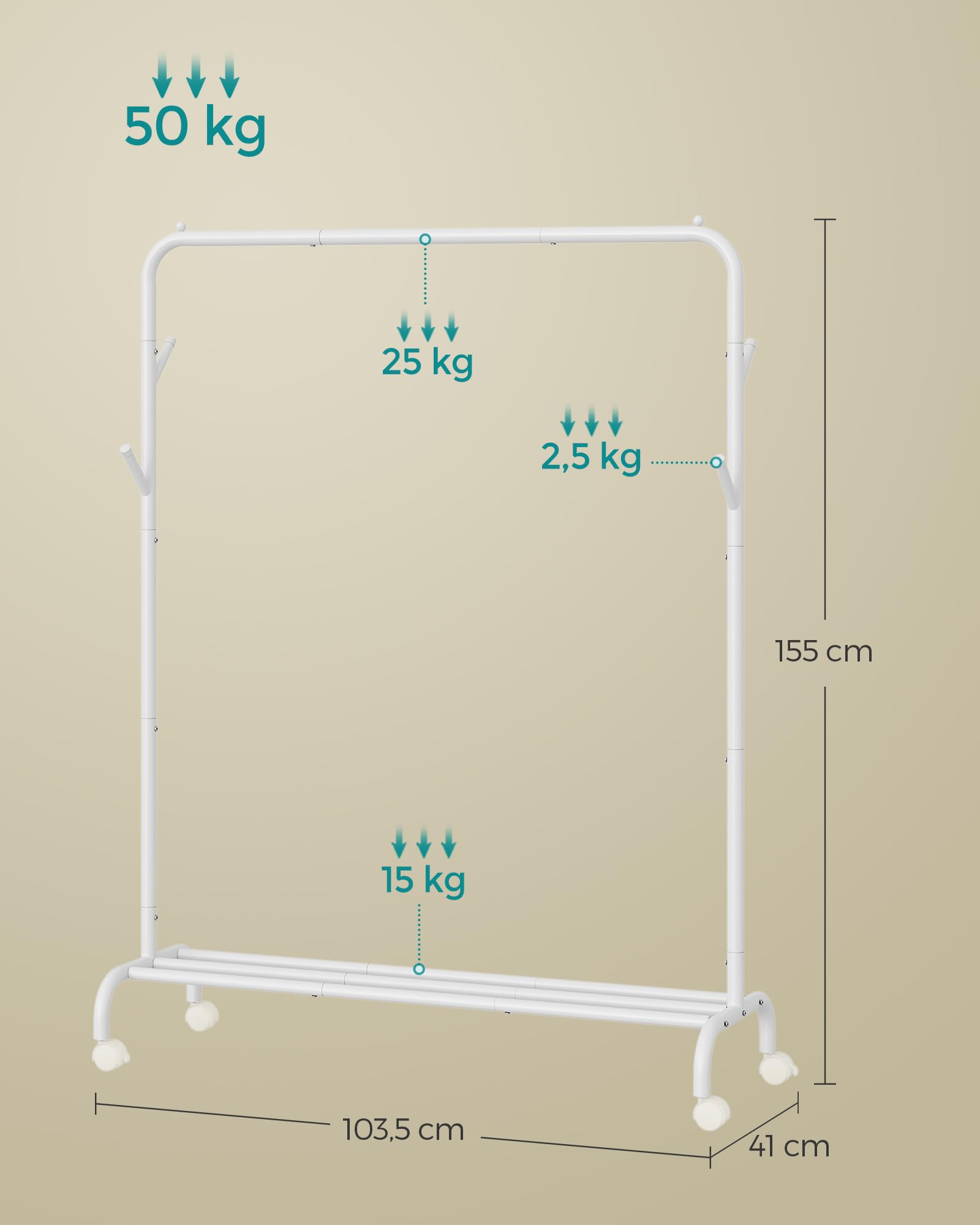 Songmics HSR131W01 appendiabiti bianco 103,5 cm con ruote