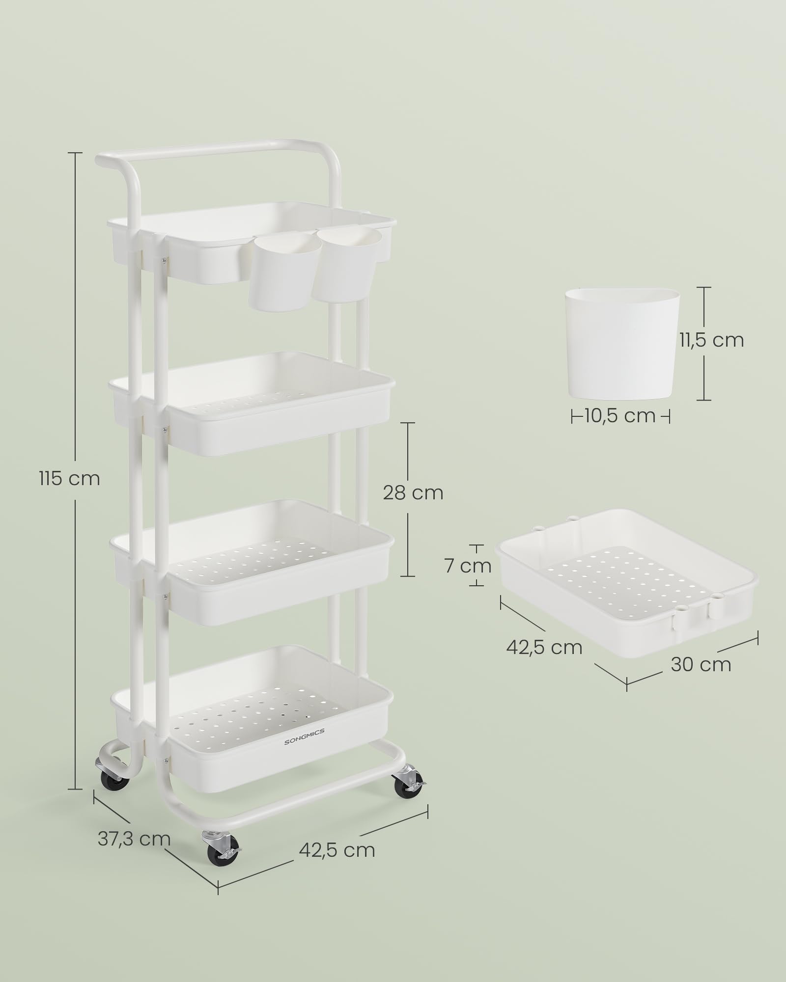 Songmics BSC077WZ01 carrello 4 livelli bianco acciaio 115 cm ruote