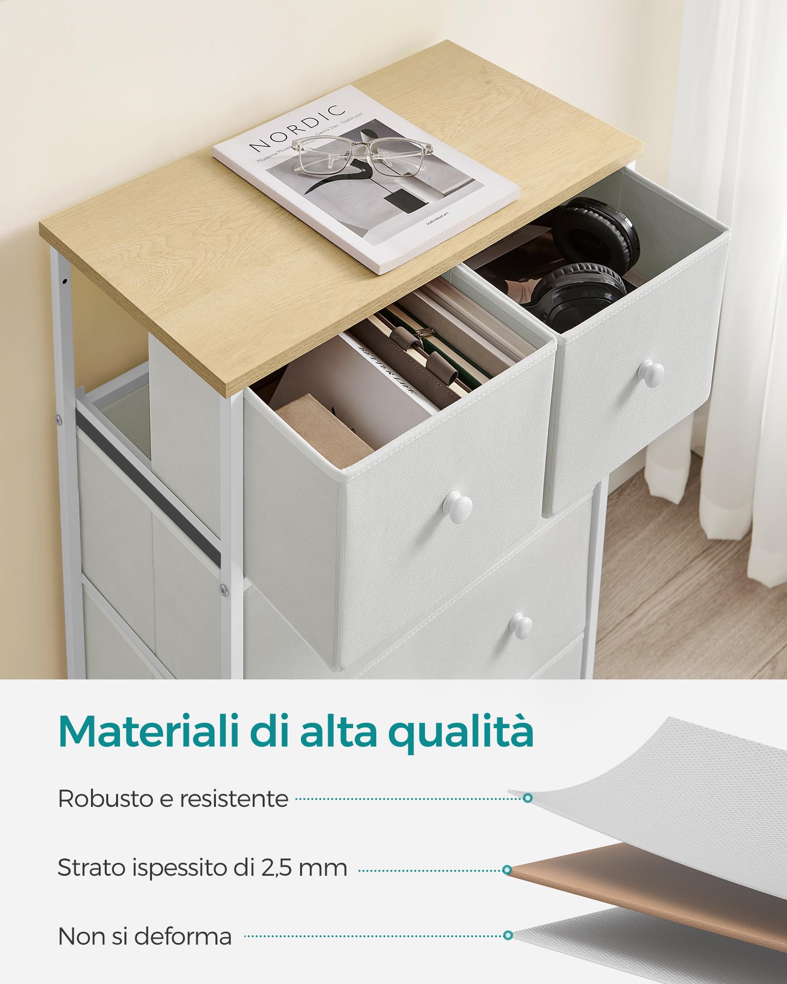 Songmics Bellah LTS514WH01 cassettiera 5 cassetti bianco rovere