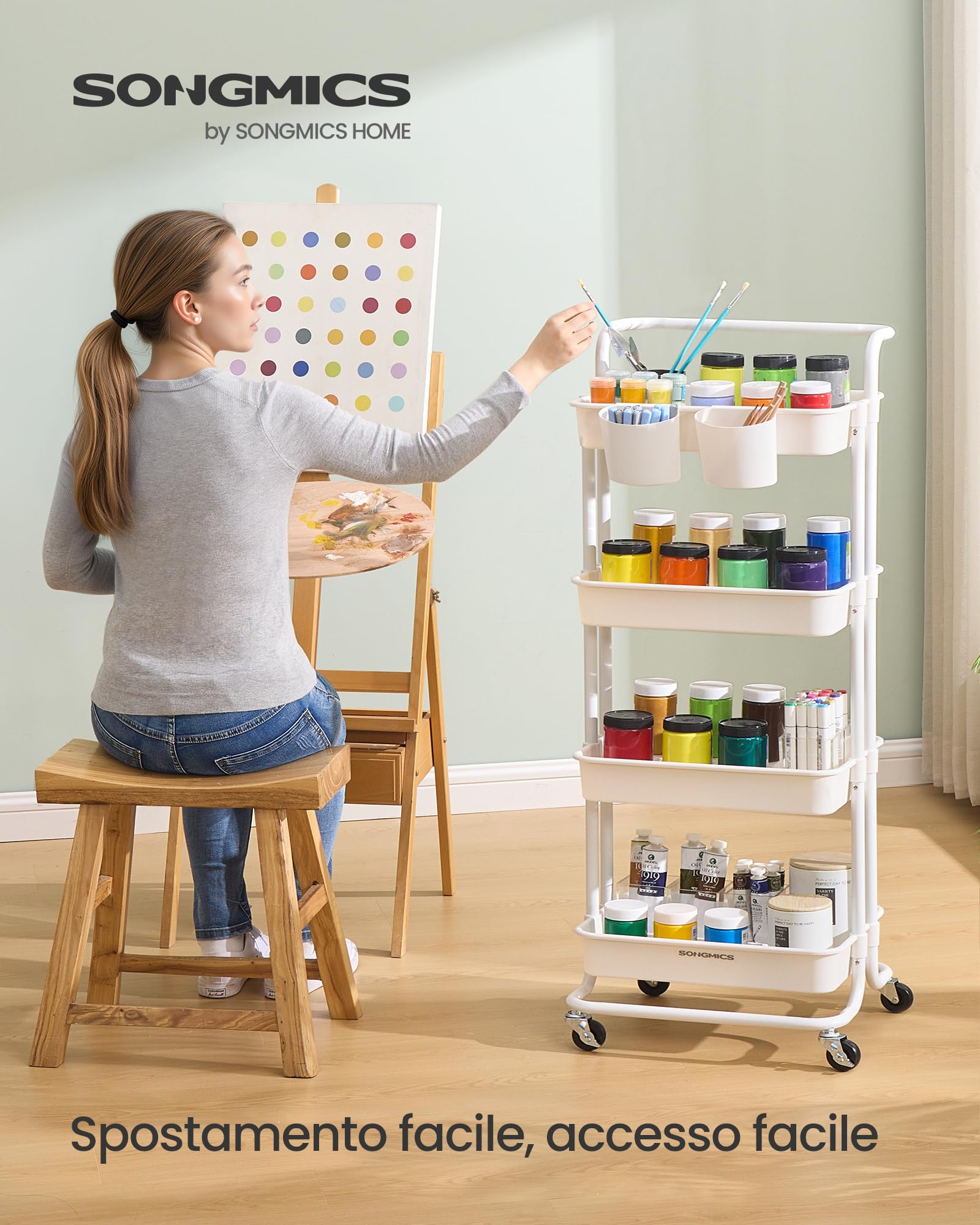 Songmics BSC077WZ01 carrello 4 livelli bianco acciaio 115 cm ruote