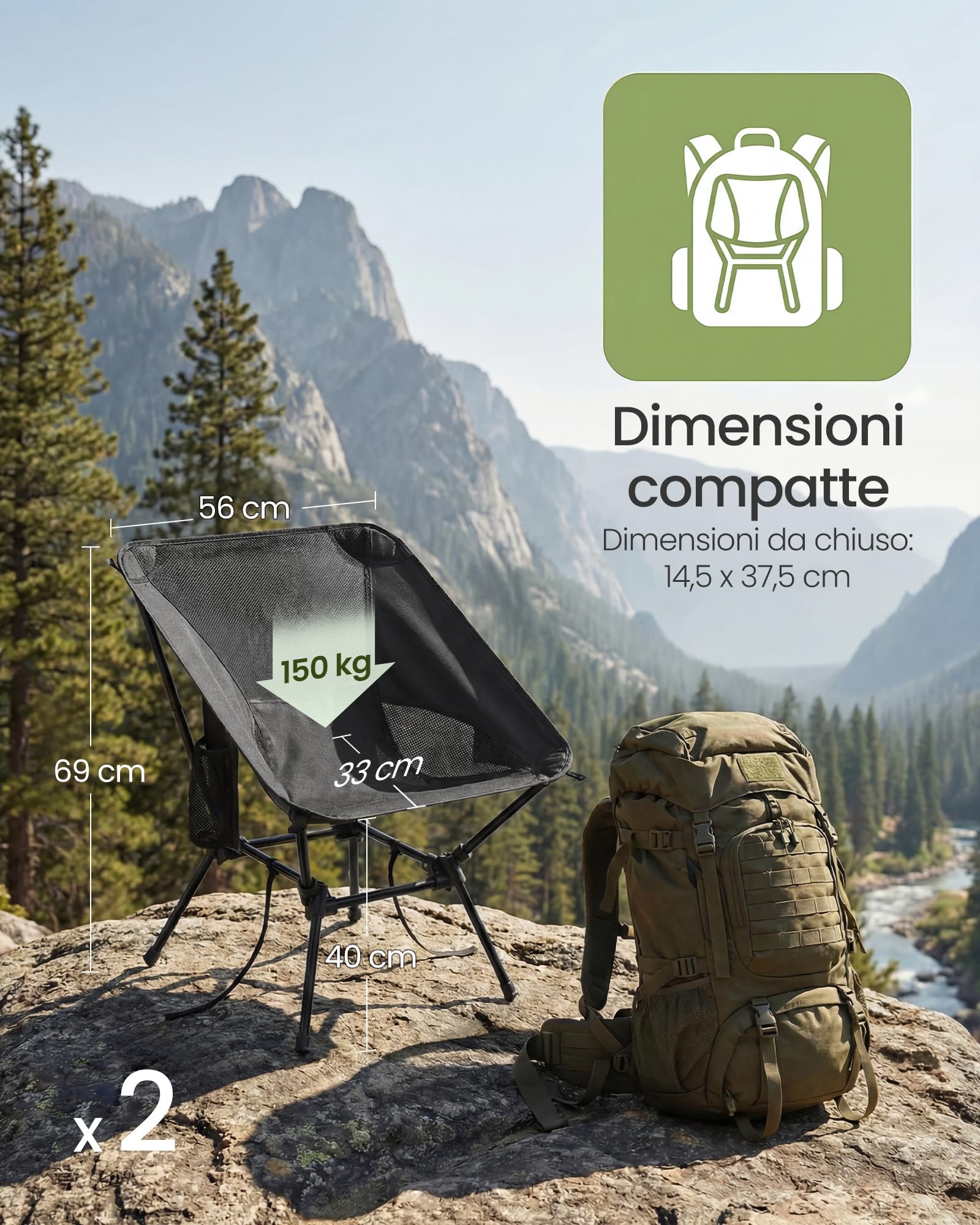 Songmics GCB052BZ01 Sedie Campeggio Nero Set 2 Pezzi Altezza