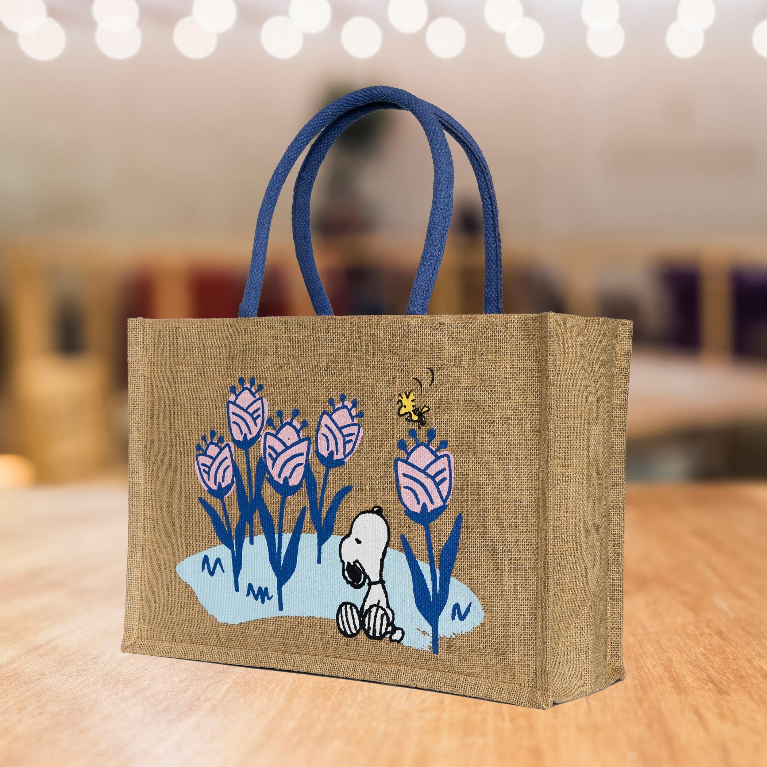 Snoopy shopper tote bag juta grande tasca interna