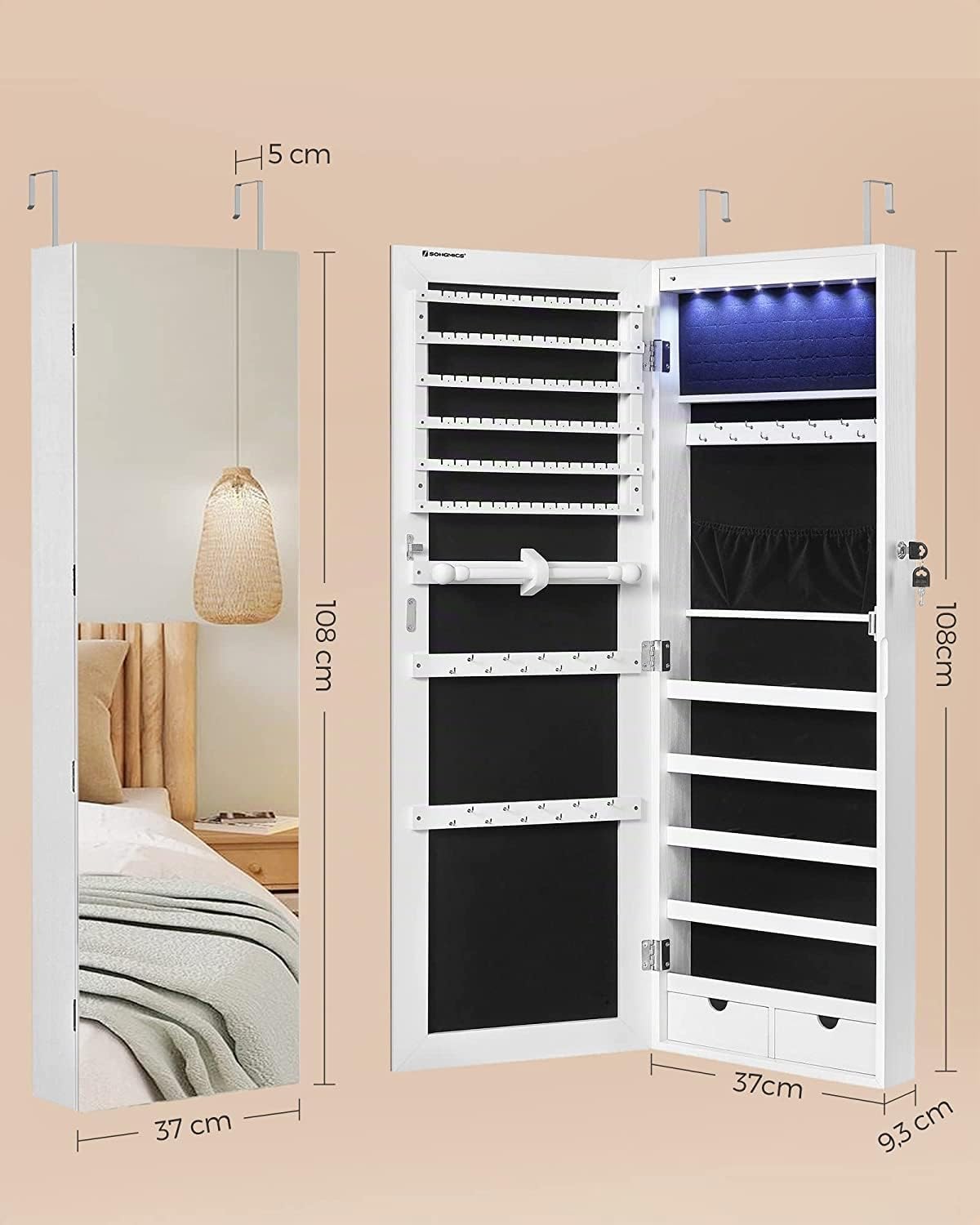 Songmics JJC99WT Armadio Gioielli Specchio LED Bianco