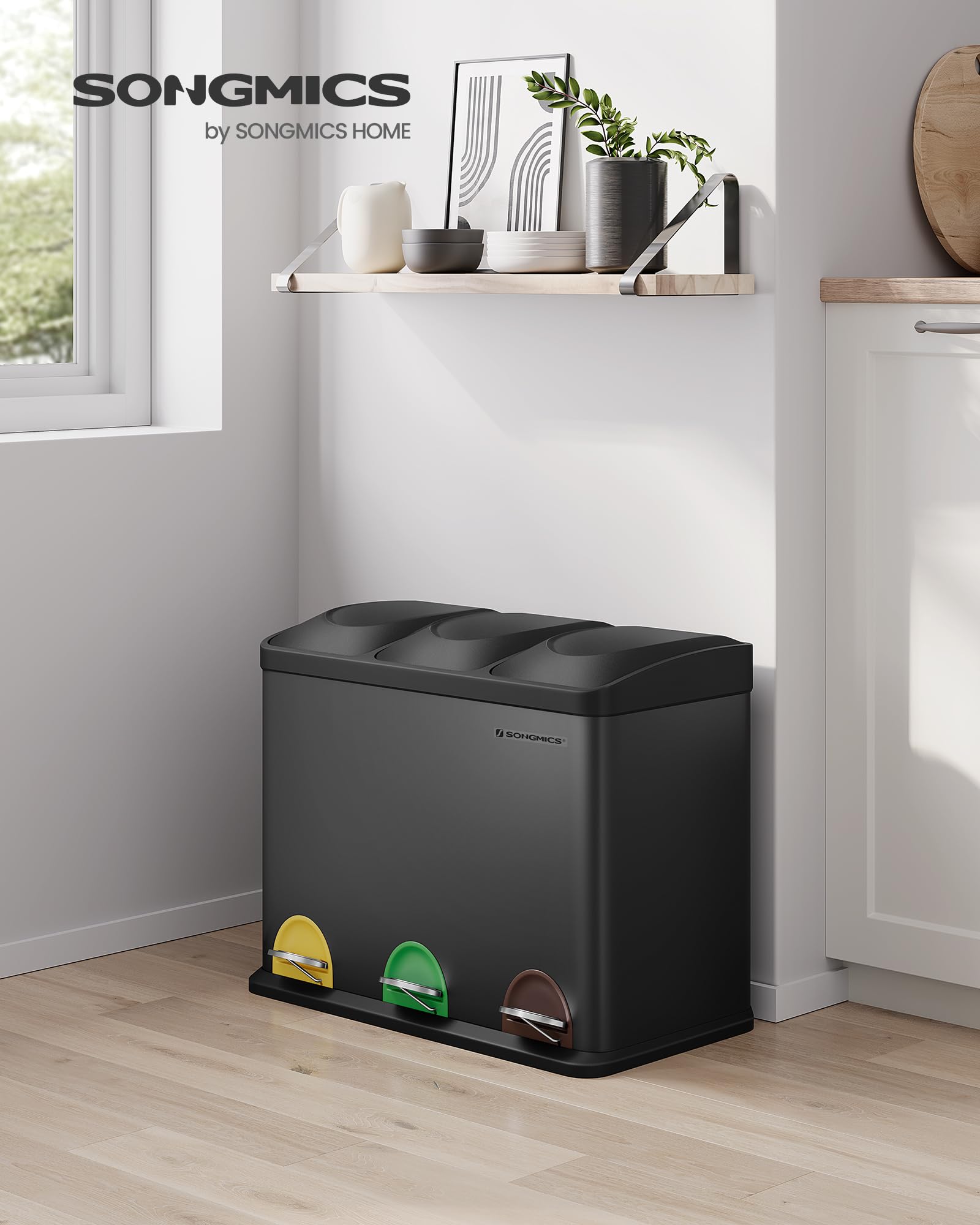 Songmics LTB45B Pattumiera 45L Acciaio Nero 3x15L Pedale