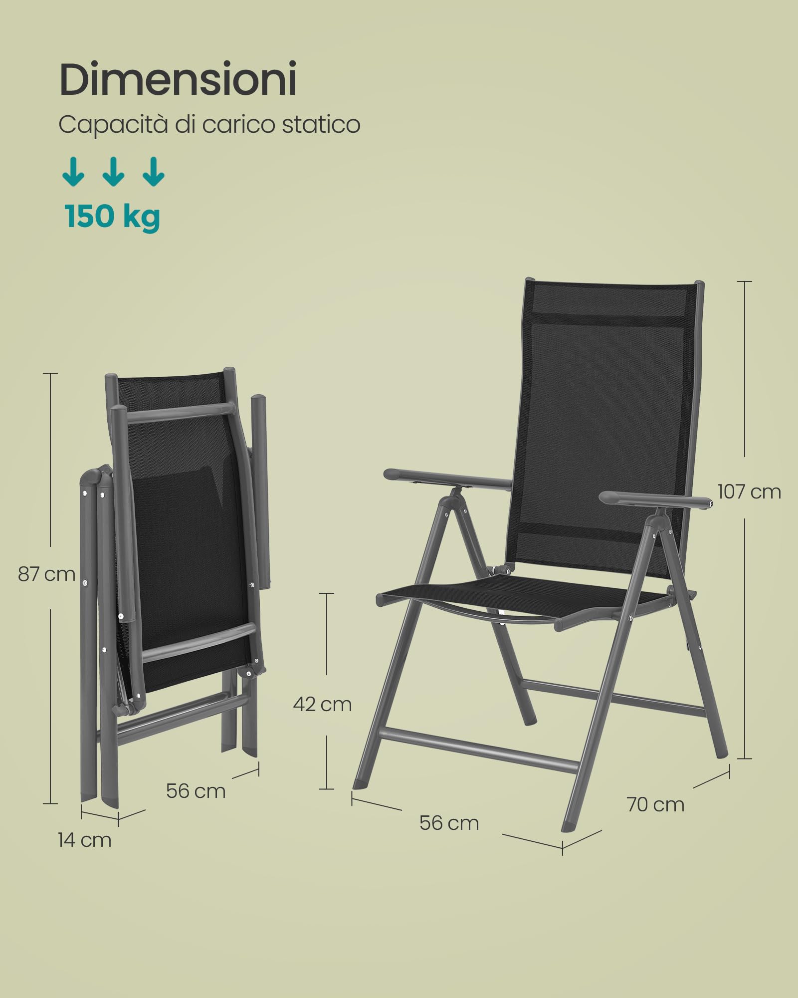 Songmics GCB29BK Sedie Giardino Pieghevoli Nere Set 2