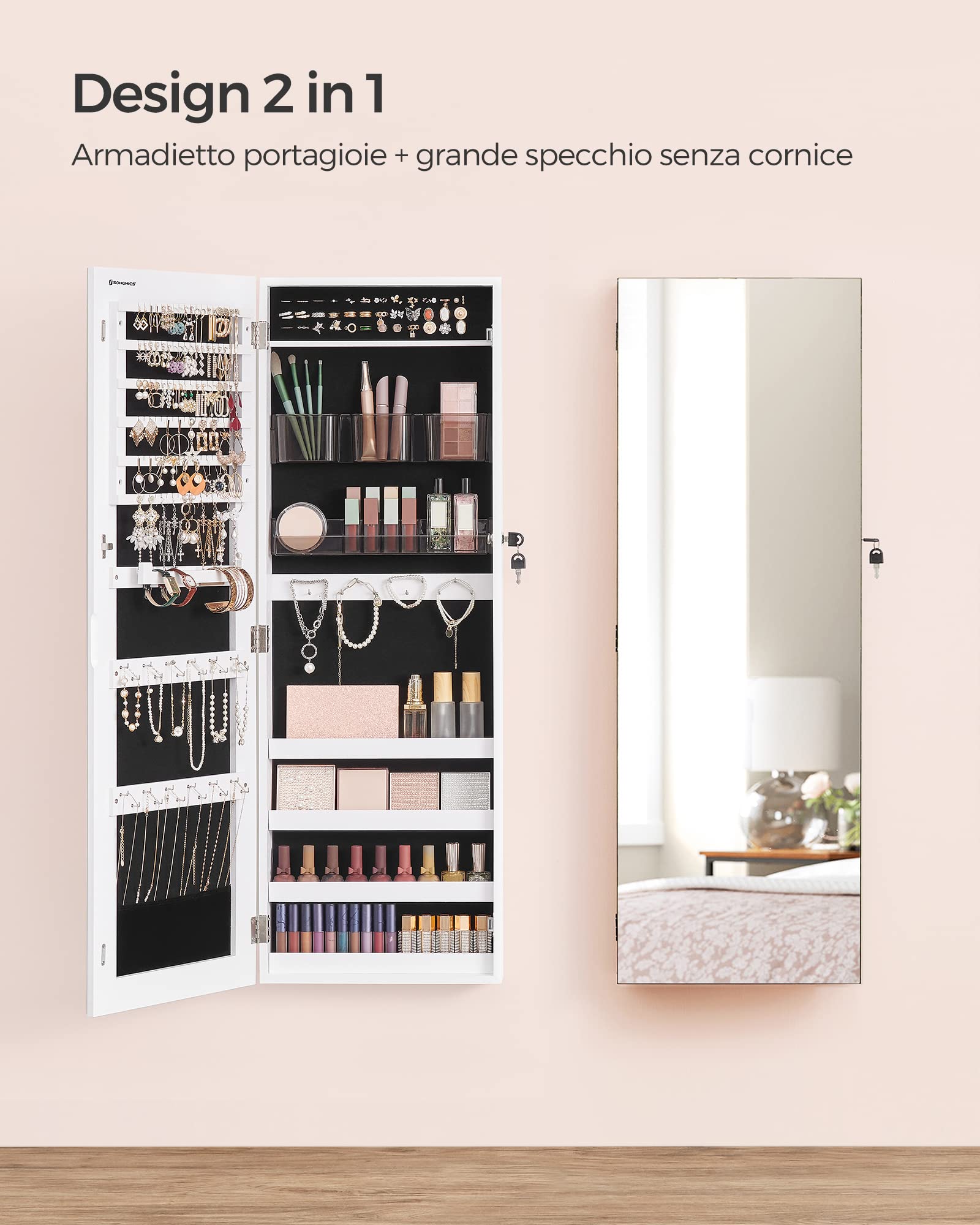 Songmics JJC001W01 Specchiera Portagioielli Bianco con Serratura