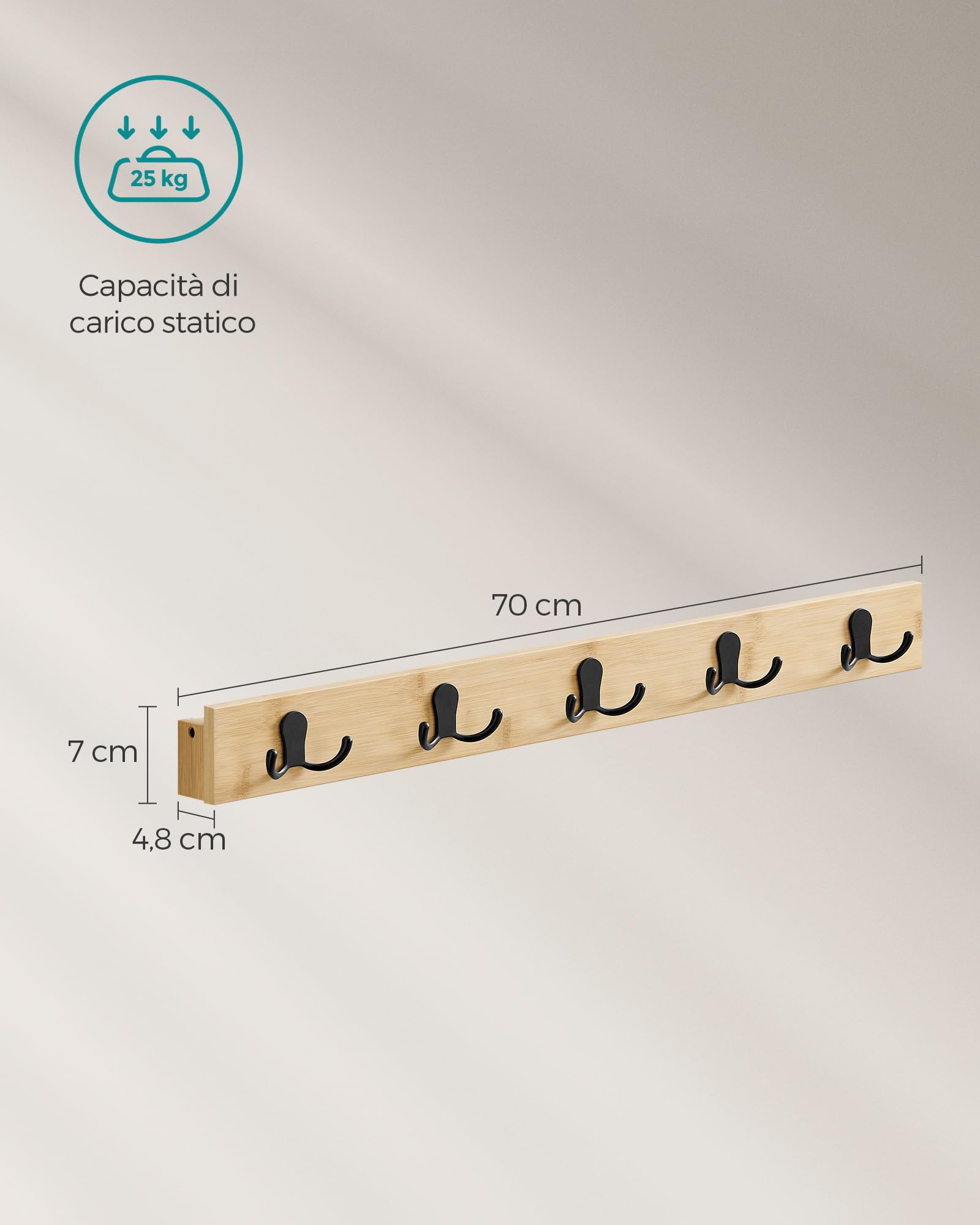 Songmics LCR005N01 appendiabiti da parete beige 5 ganci bambù