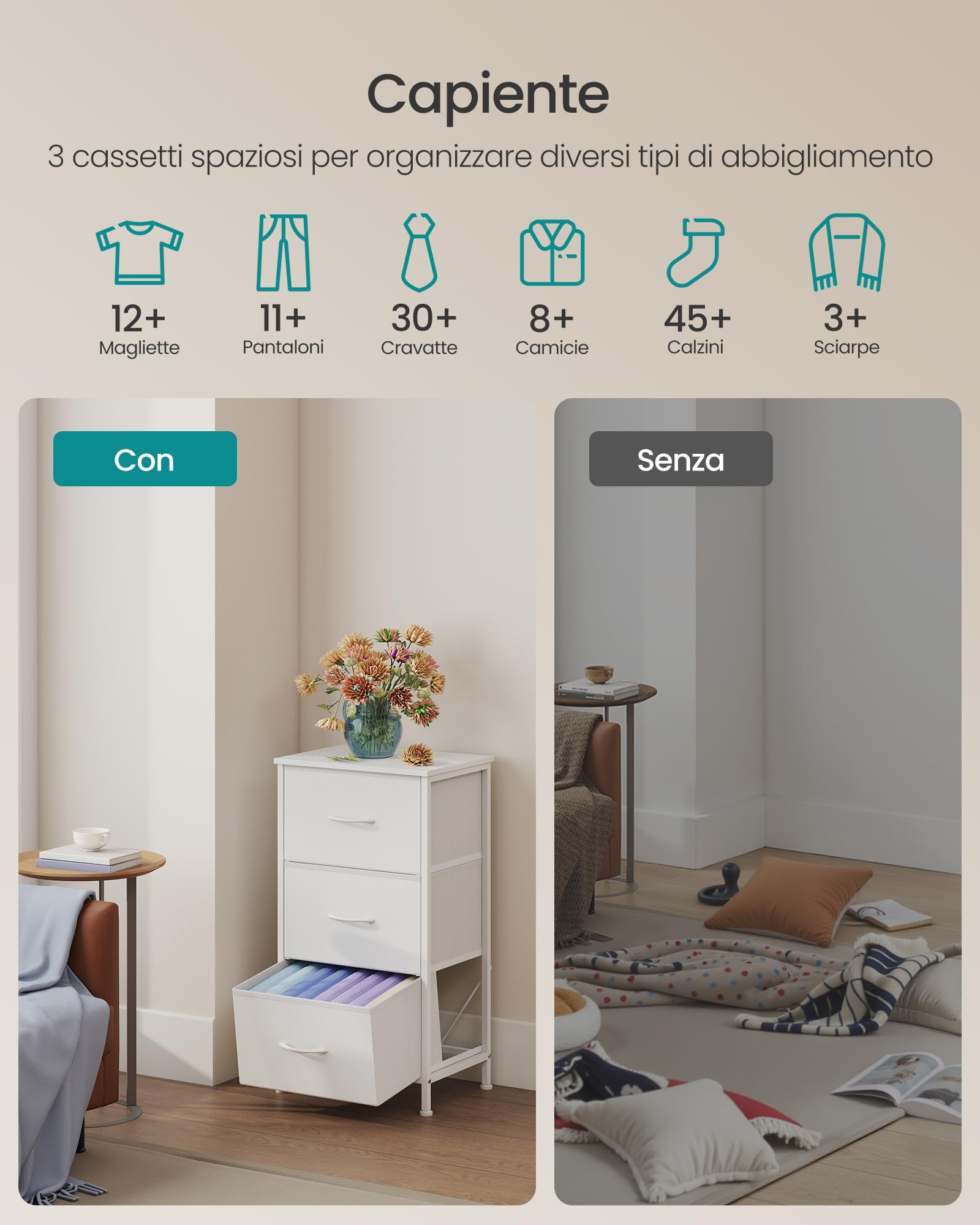 Songmics Bellah LGS313 cassettiera 3 cassetti bianco nuvola