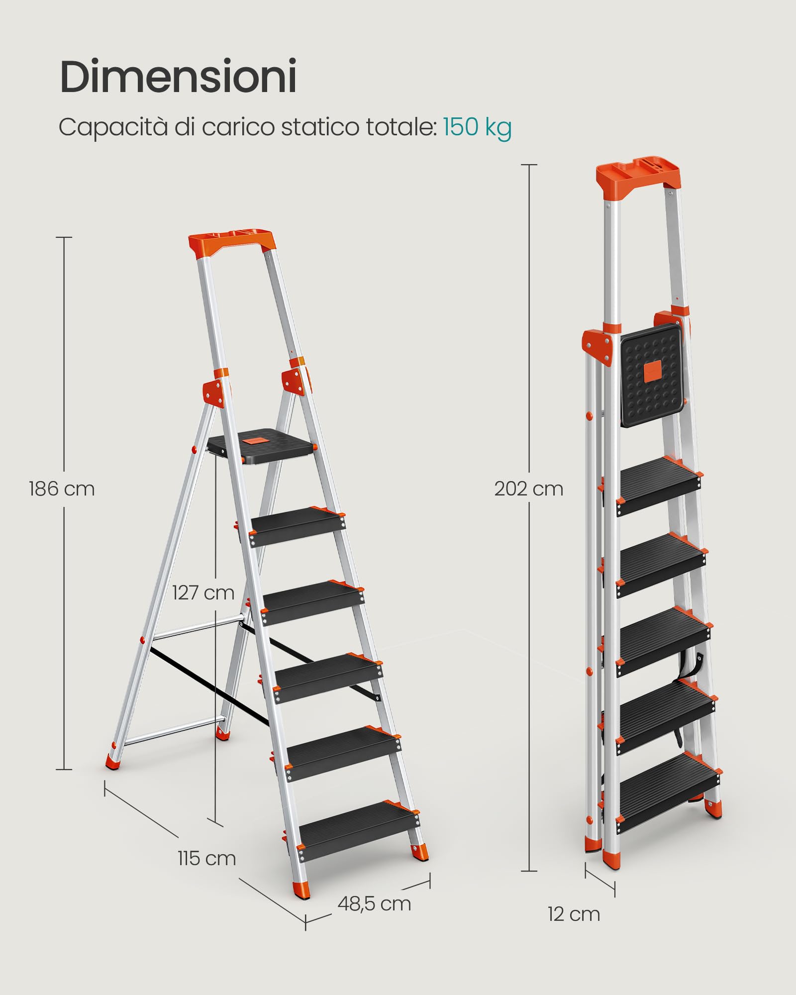 Songmics GLT06BK Scaletta 6 Gradini Alluminio 150 kg