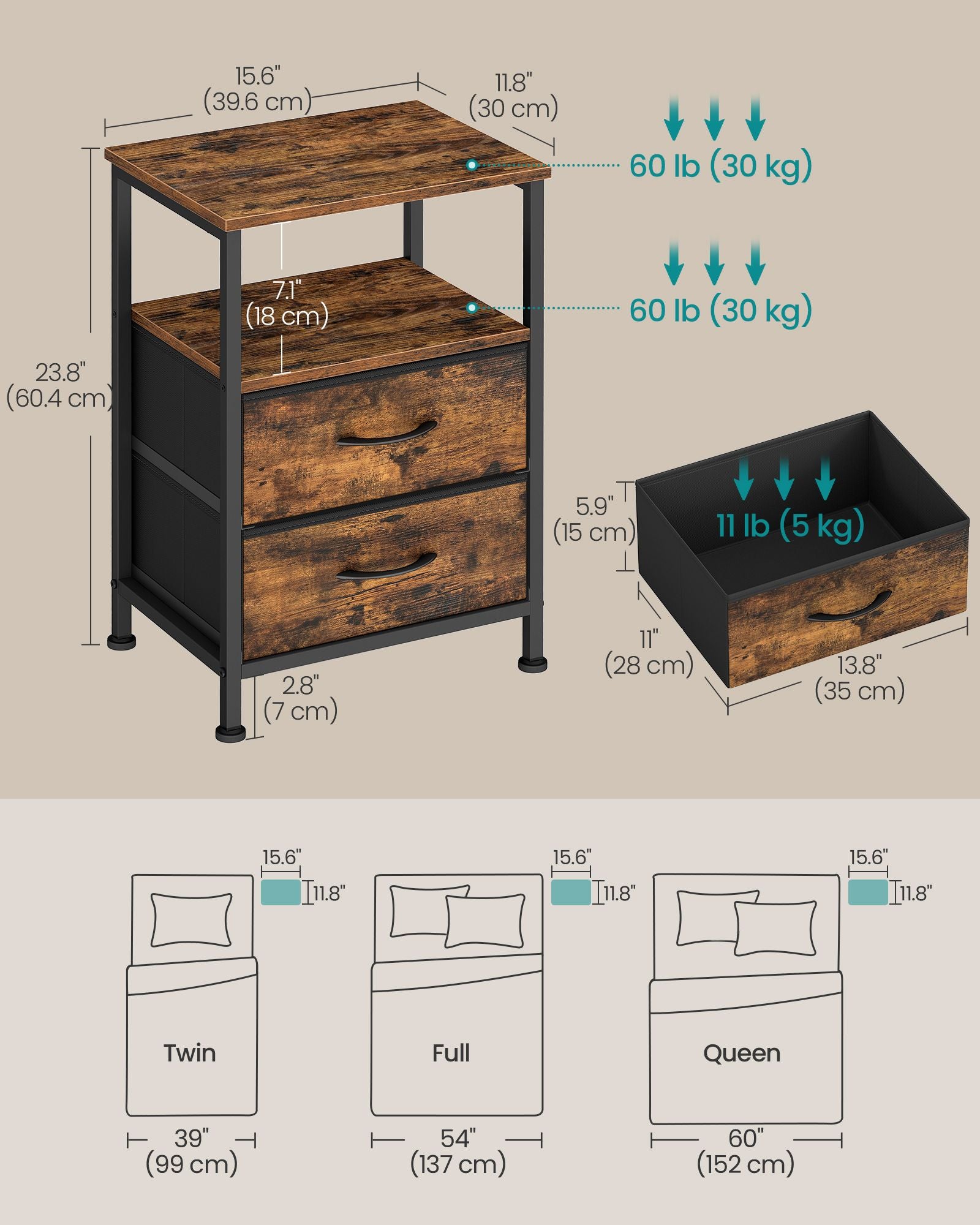 Songmics comodino 2 cassetti stile industriale