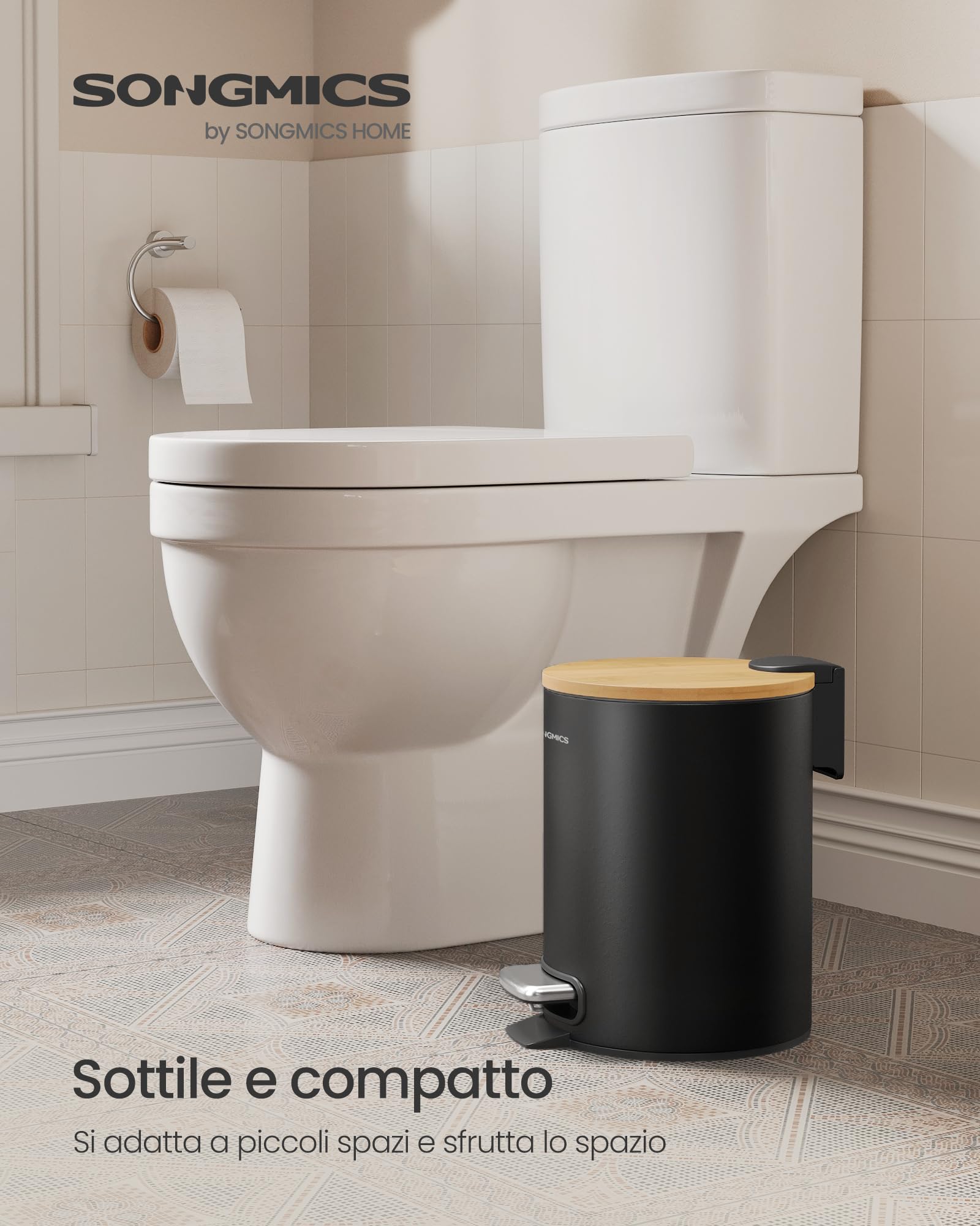 Songmics LTB113BZ01 pattumiera bagno nero 3 L bambù