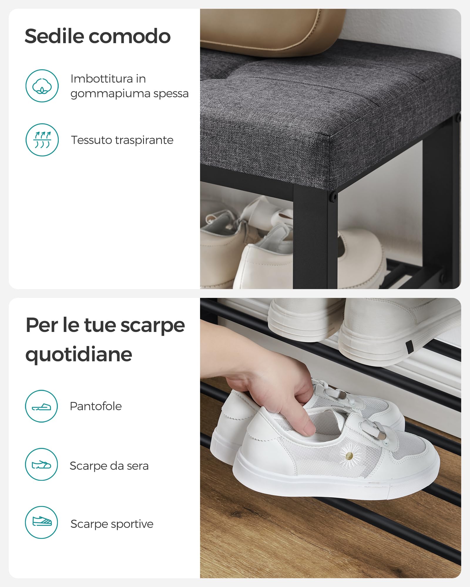 Songmics LBS57GYZ panca scarpiera 80 cm grigio scuro 3 ripiani